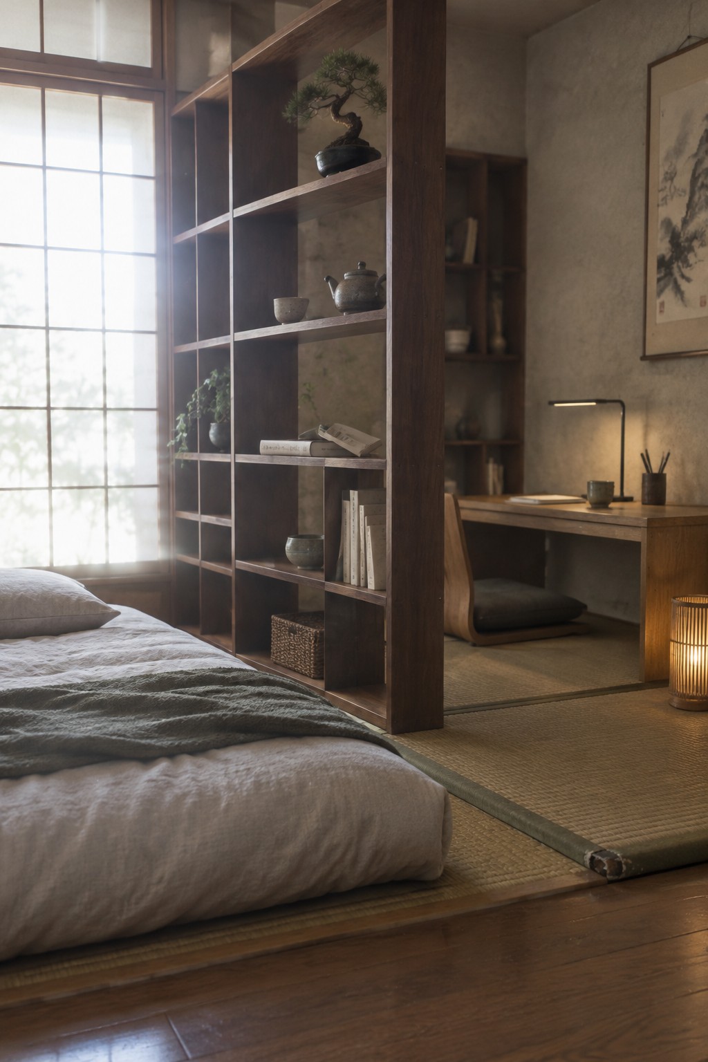 A wooden open shelving unit divides a bedroom with a low bed from a workspace with a desk and chair.