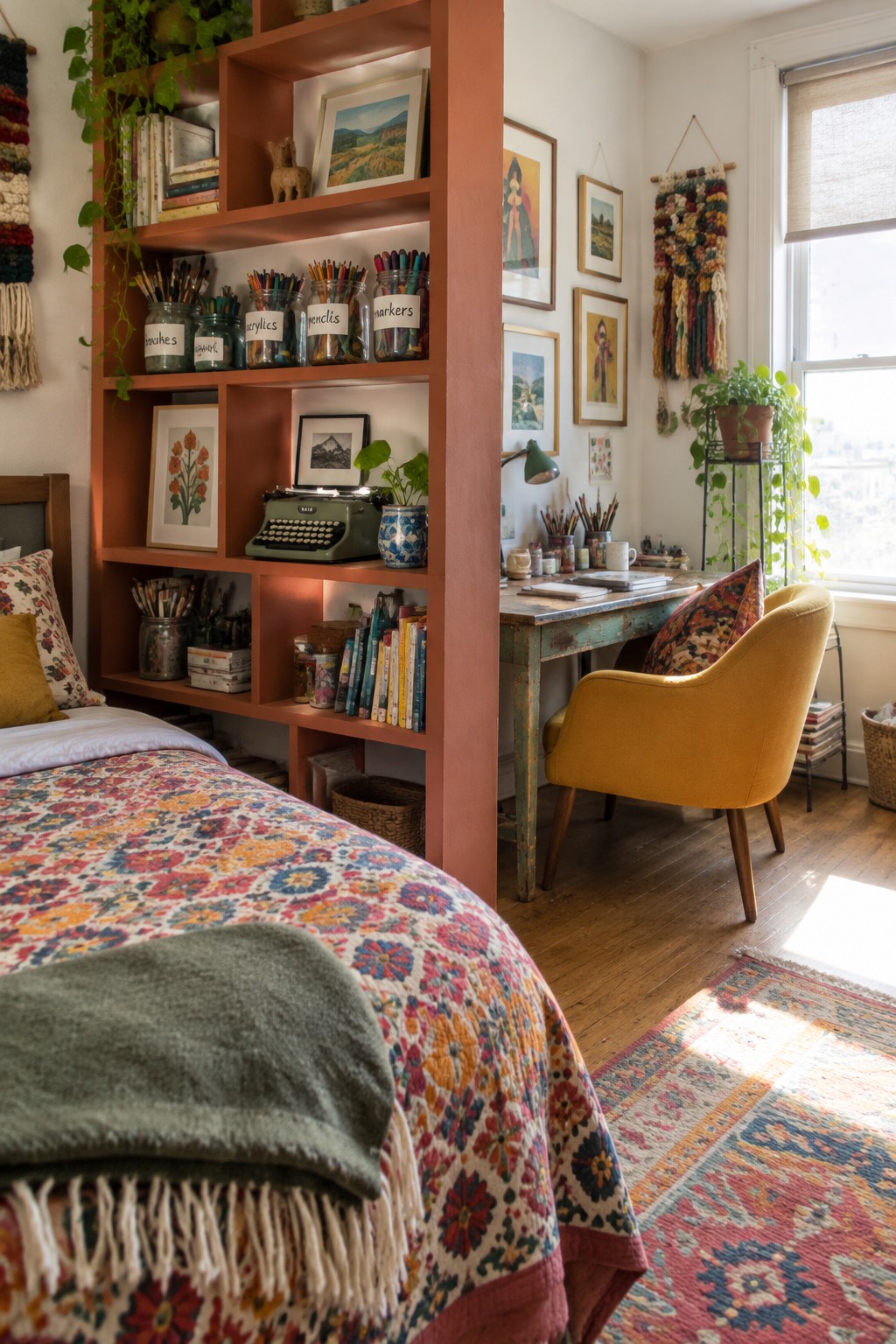Cozy bedroom with floral quilt, orange art-supply shelves, yellow chair, and sunny window.