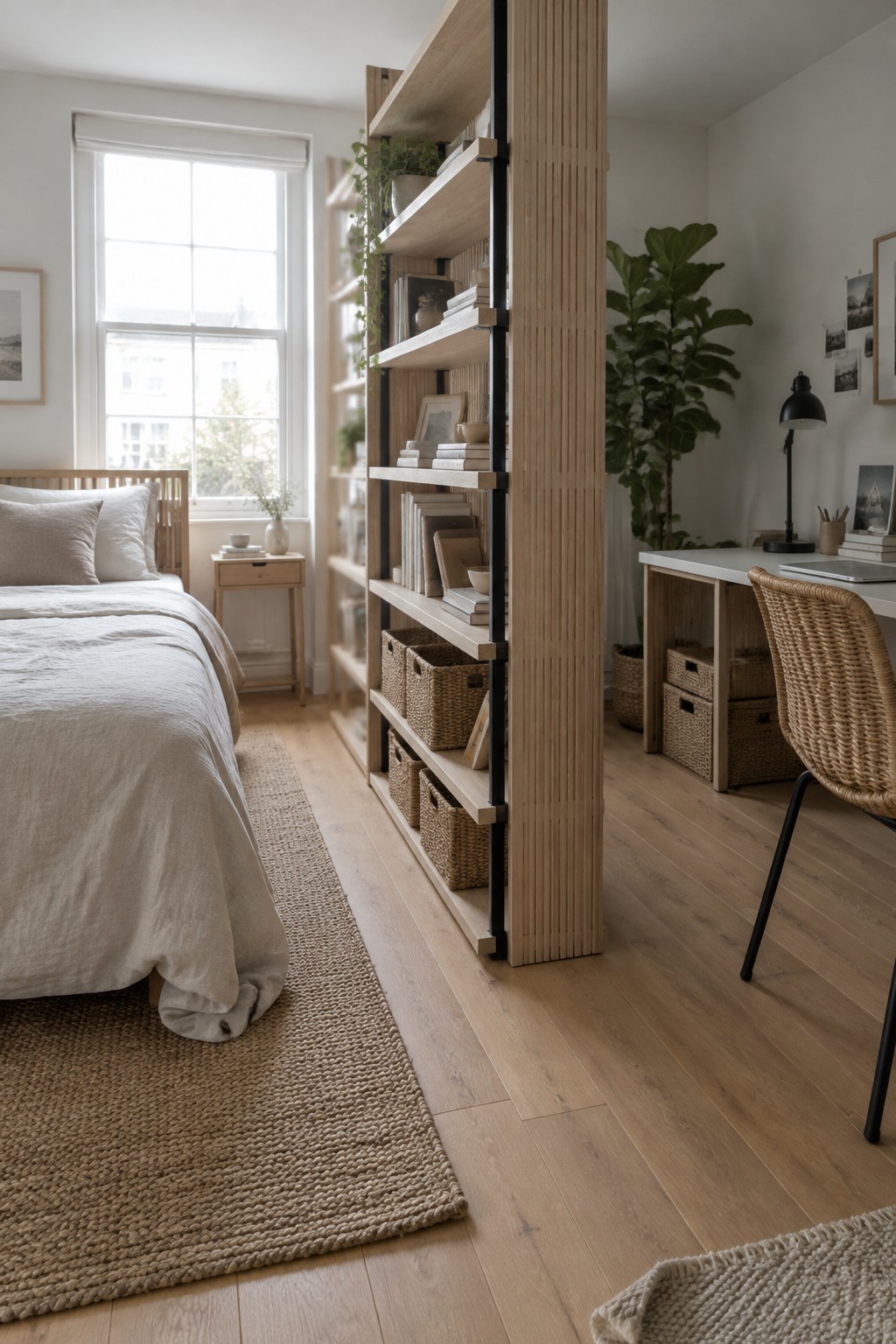 Minimalist bedroom with wooden bookshelf divider, white bed, desk and woven chair