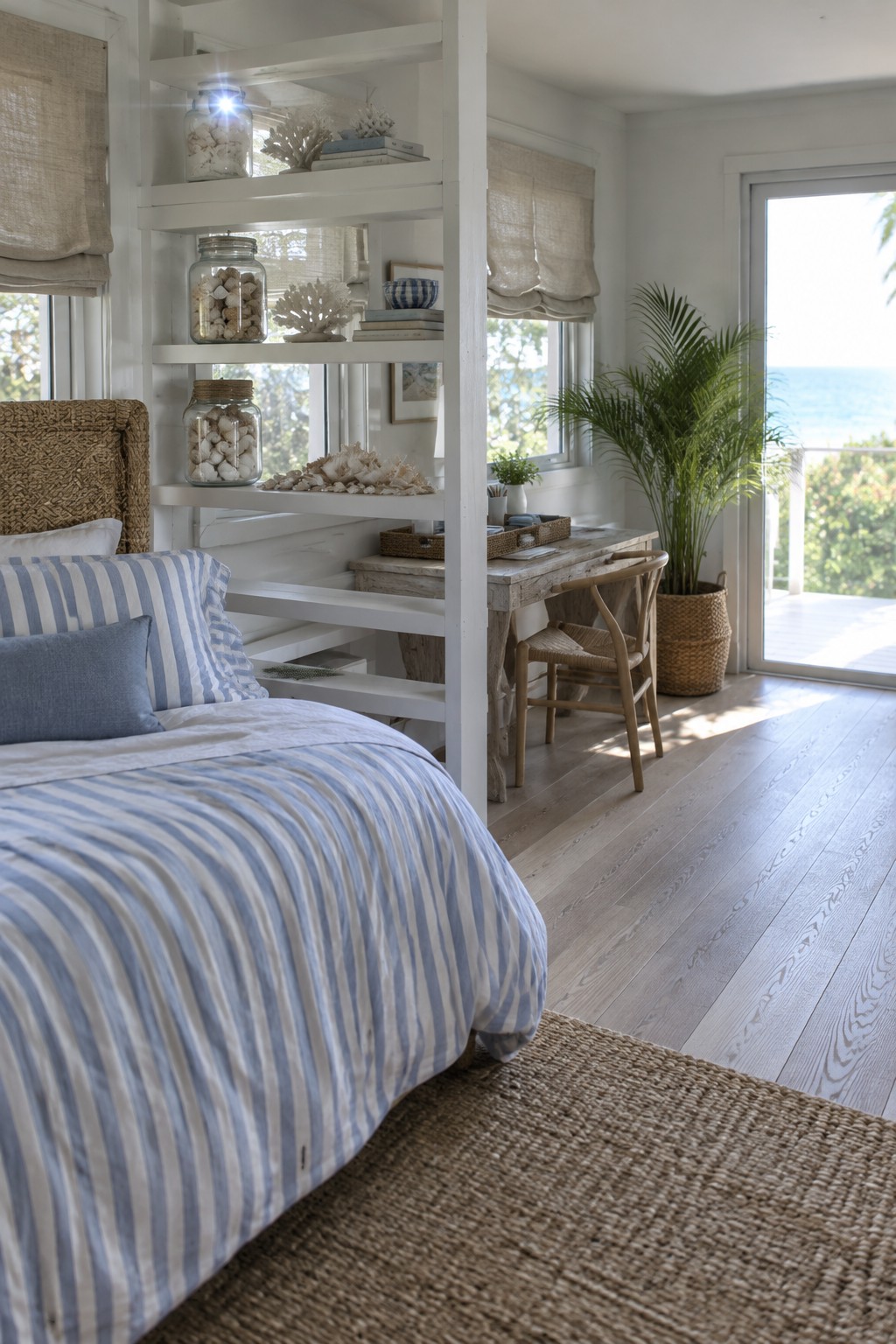 A bedroom interior with a bed in blue striped linens, a white open shelving unit holding jars and coral, and a wooden desk and chair positioned behind the shelves near a sliding glass door.