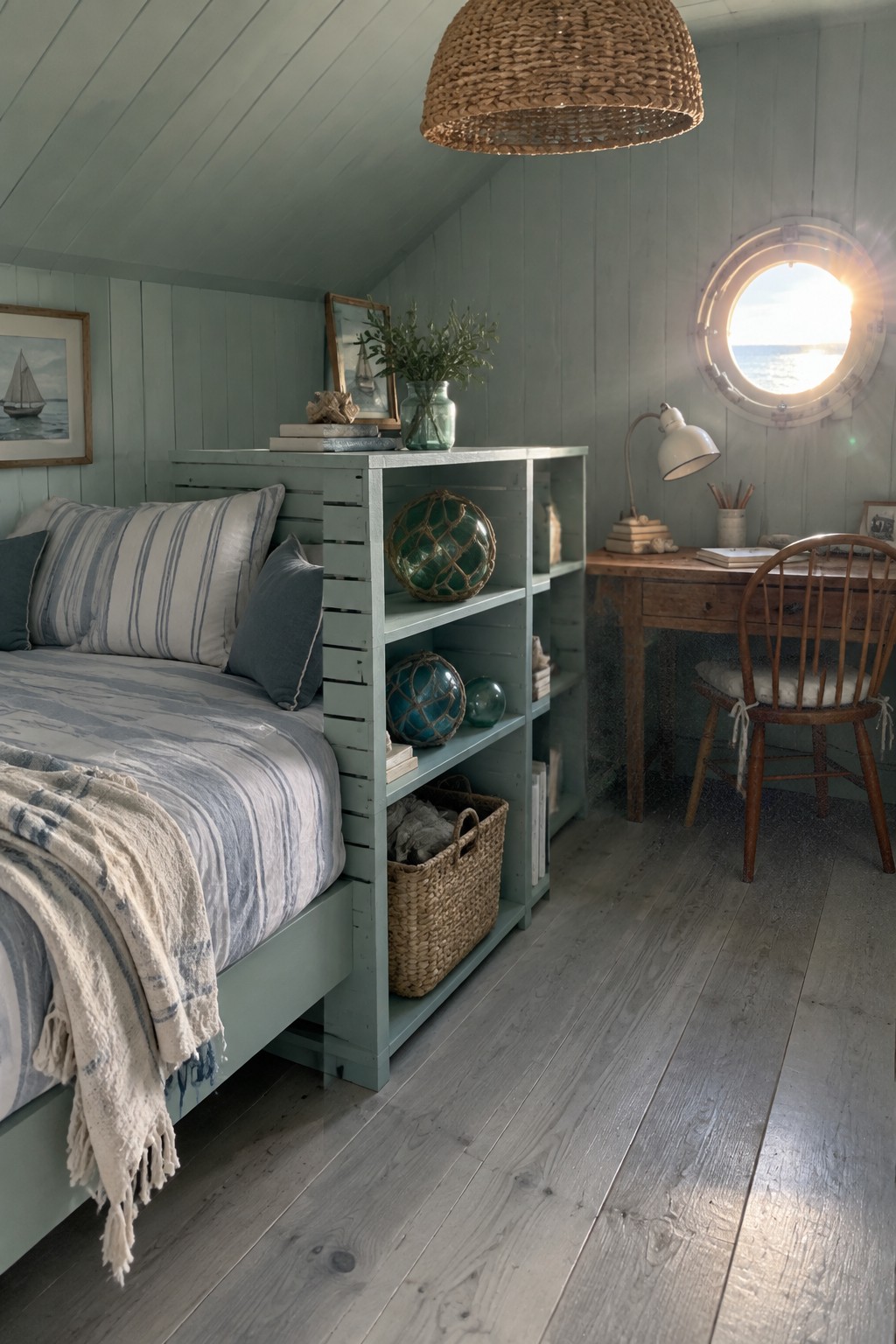 A bedroom with a bed on the left and a wooden desk on the right, separated by a light blue open shelving unit holding books, glass floats, and a woven basket.