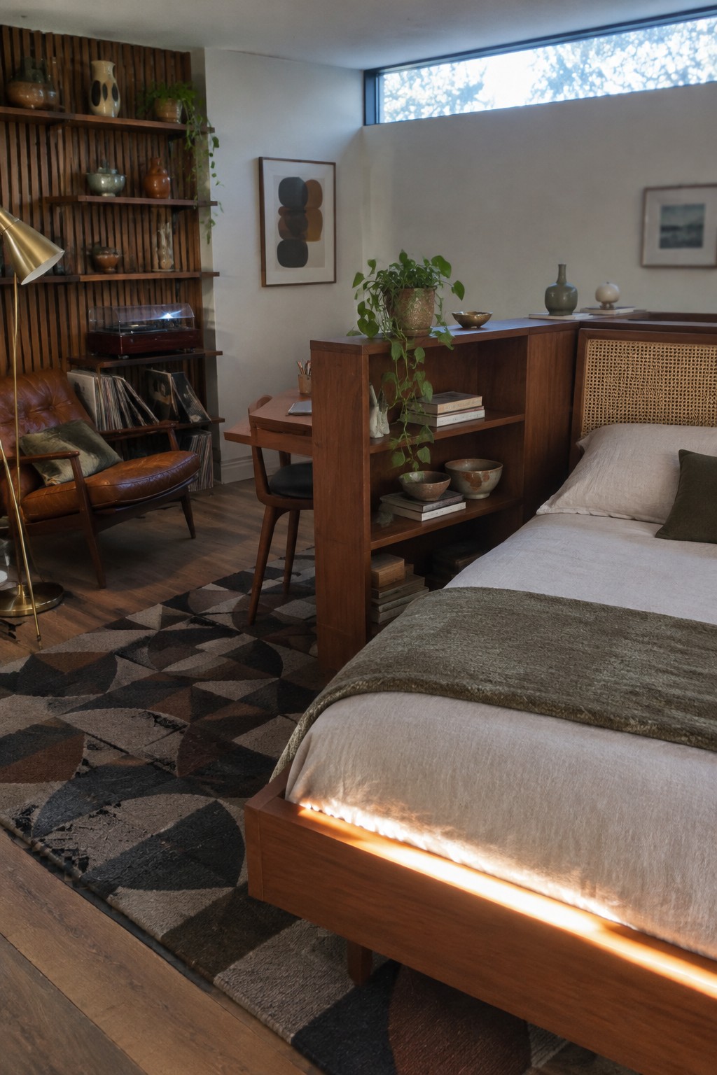 Mid-century modern bedroom with glowing wooden bed, leather chair, and geometric rug.