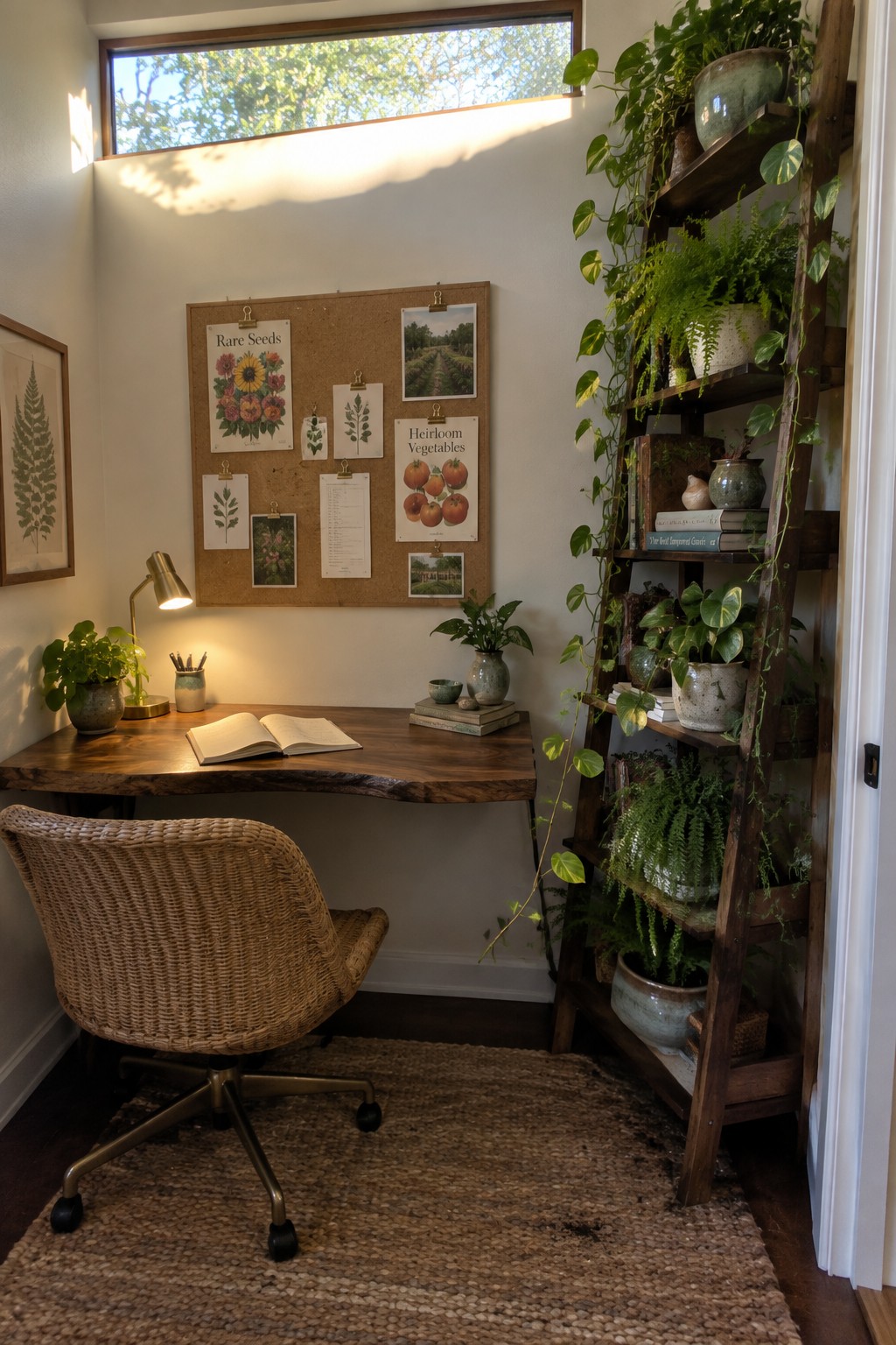 A compact home office with a wooden desk, woven swivel chair, jute rug, and a tall wooden ladder shelf filled with potted plants beside a wall-mounted corkboard.