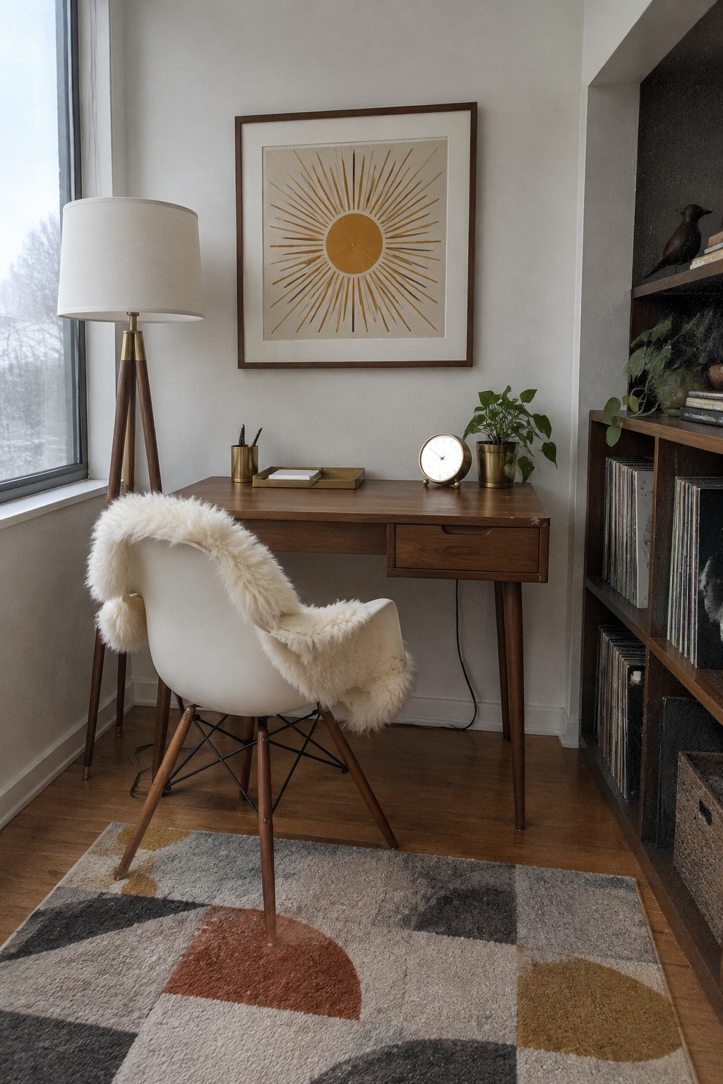 Wooden desk with white sheepskin chair, sunburst art, floor lamp, and rug