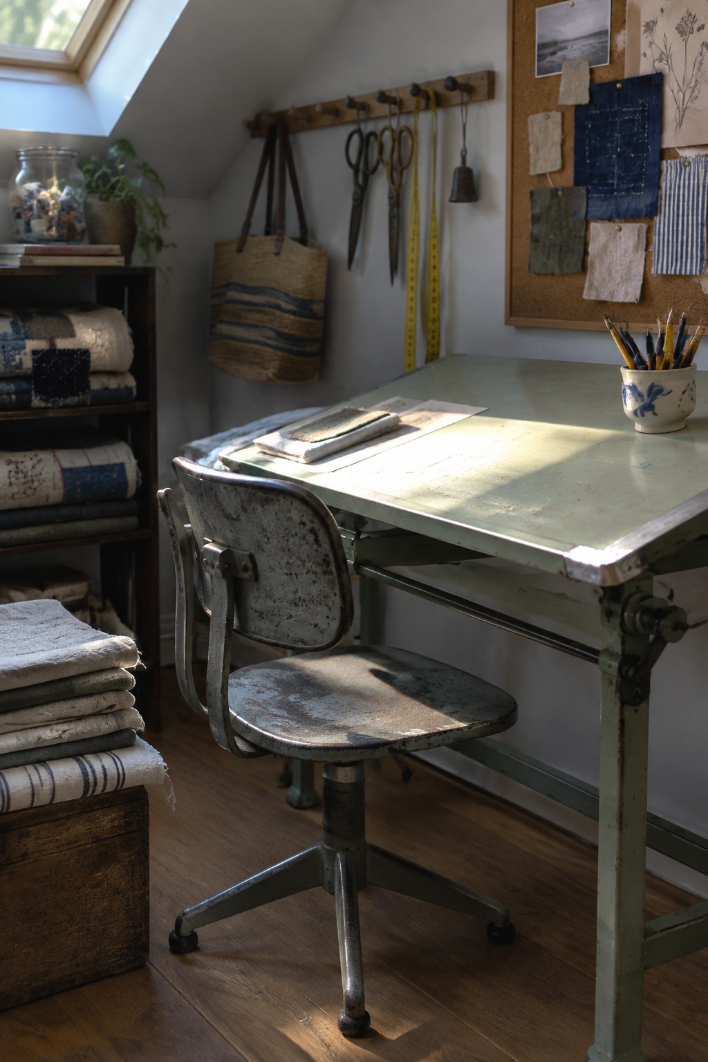 A compact green metal desk with a swivel chair sits beside wooden shelves holding stacks of folded fabric in a small room with a skylight.
