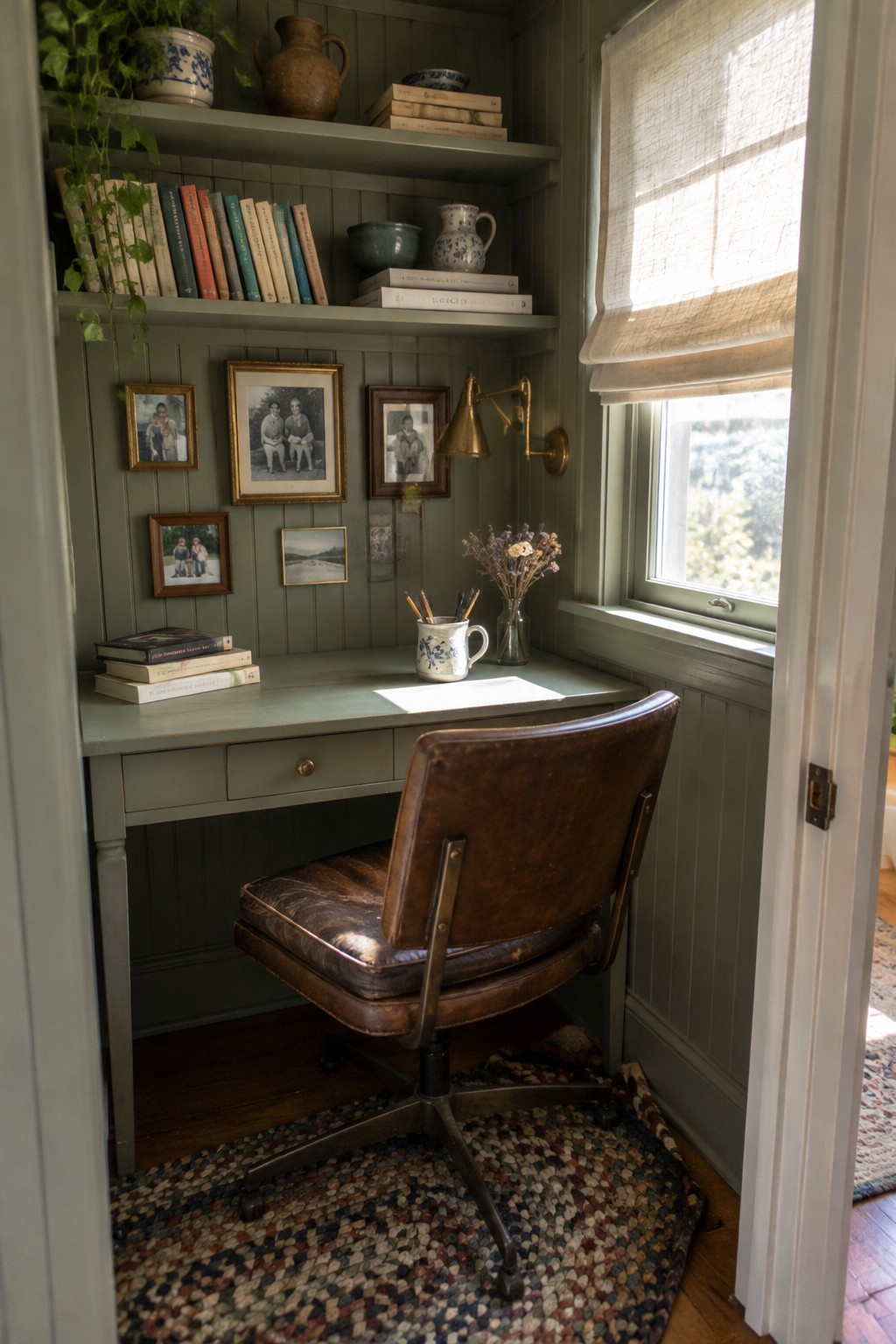 Cozy green study with brown leather chair, bookshelves, framed photos, and sunlit window.