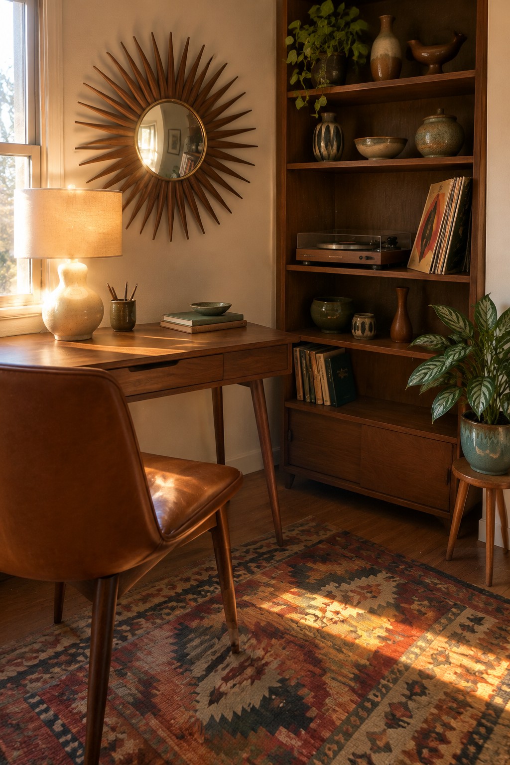 A compact wooden desk with a leather chair is positioned next to a tall wooden bookshelf unit containing books, a record player, and ceramic objects in a sunlit interior corner.