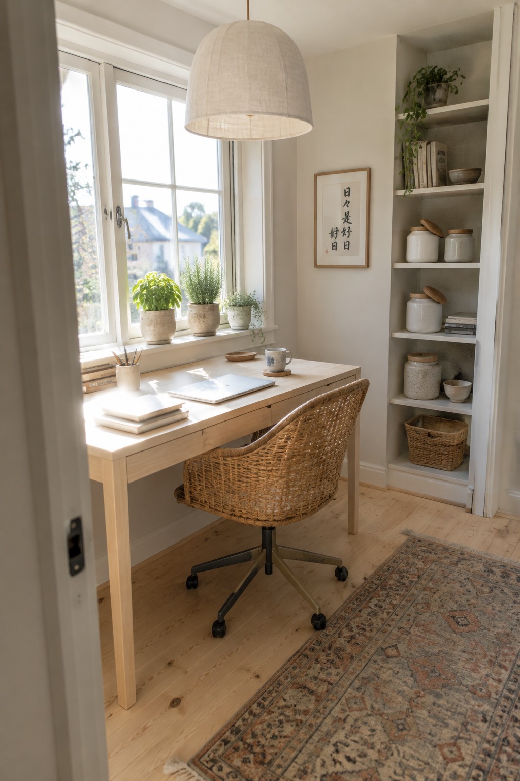 A compact wooden desk sits under a window with a woven chair pulled up to it and a tall white built-in shelving unit filled with books and containers positioned to the right.