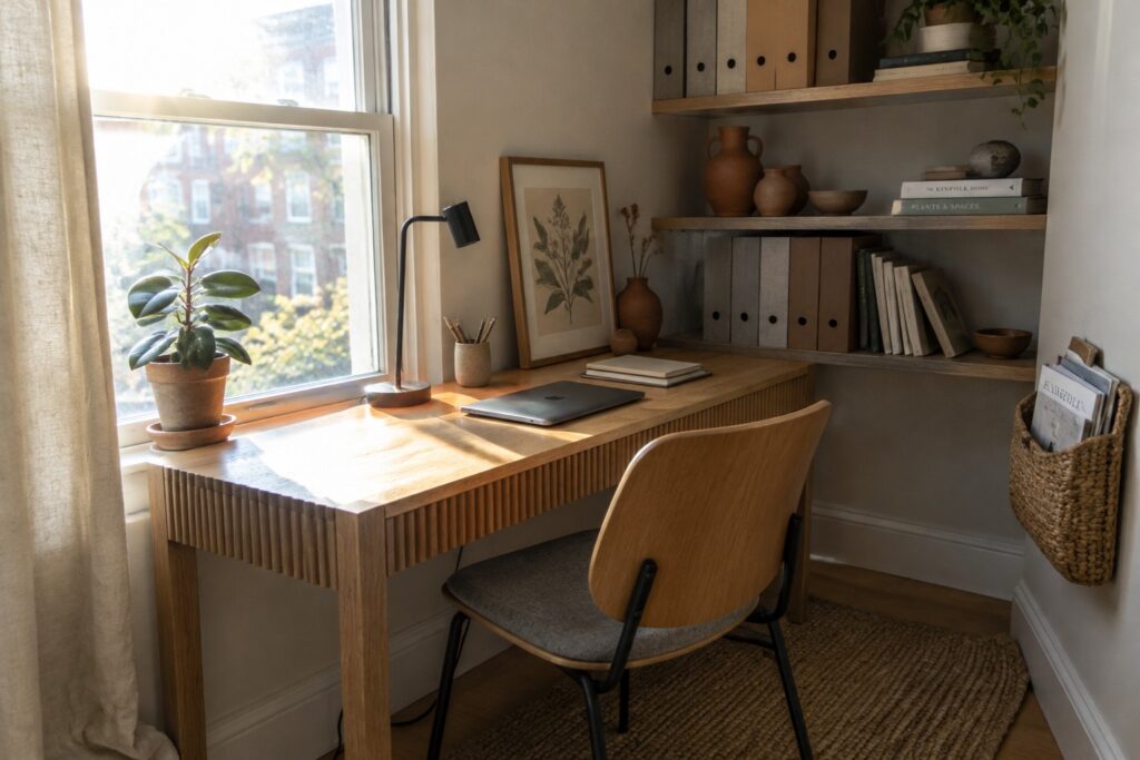 A light wood desk and chair sit under a window with floating wood shelves above holding books, binders, and plants, plus a potted plant on the windowsill.
