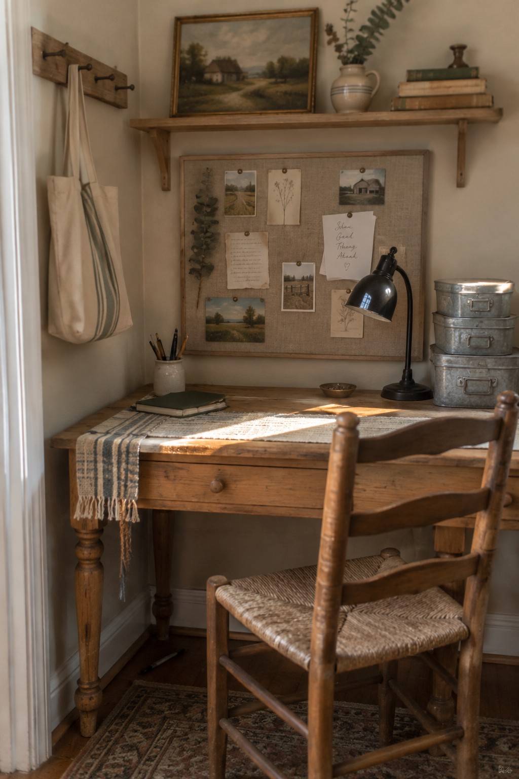 Rustic wooden desk with woven chair, fabric pinboard, shelf, and streaming sunlight
