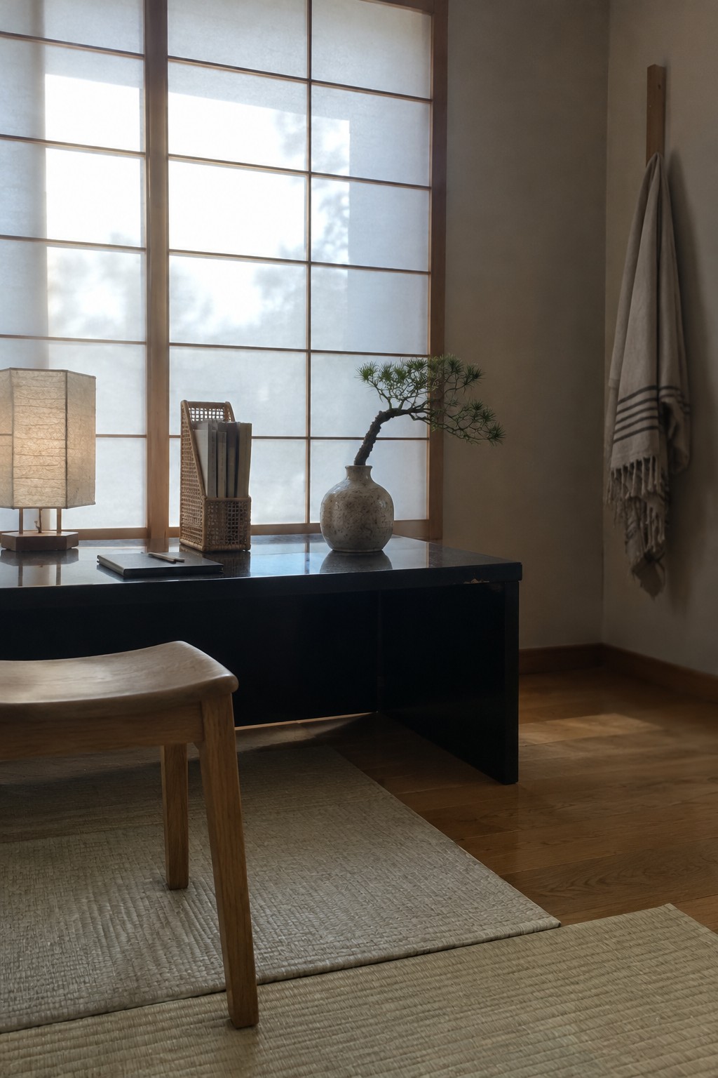 A low black desk with a wooden stool sits on tatami mats in front of shoji screens, holding a paper lamp, woven magazine holder, and a bonsai in a ceramic vase.