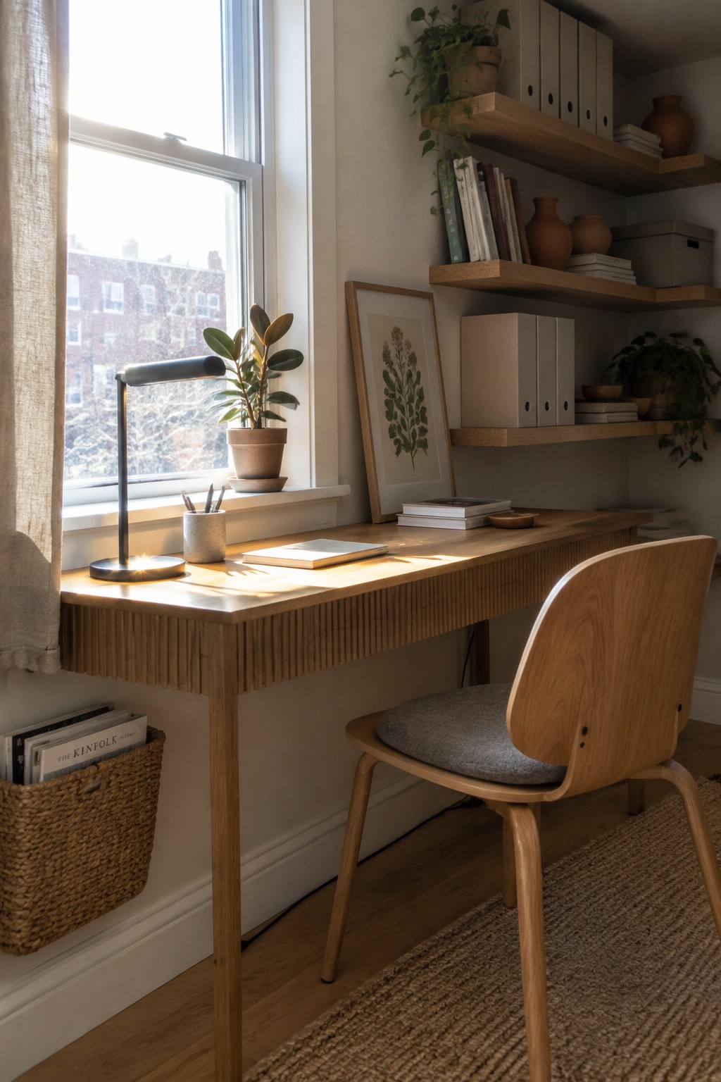 A light wood desk and chair sit under a window with floating wood shelves above holding books, binders, and plants, plus a potted plant on the windowsill.