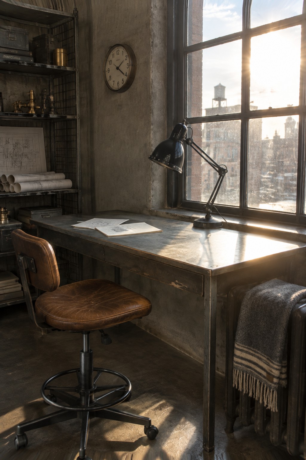 Rustic loft office with metal desk, brown leather chair, black lamp, and sunlit window