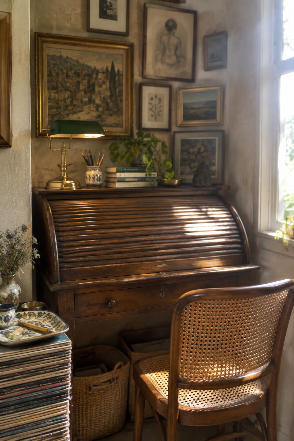 A closed wooden roll-top desk in a corner with framed pictures above it, a wicker chair pulled up in front, and a window on the right side.