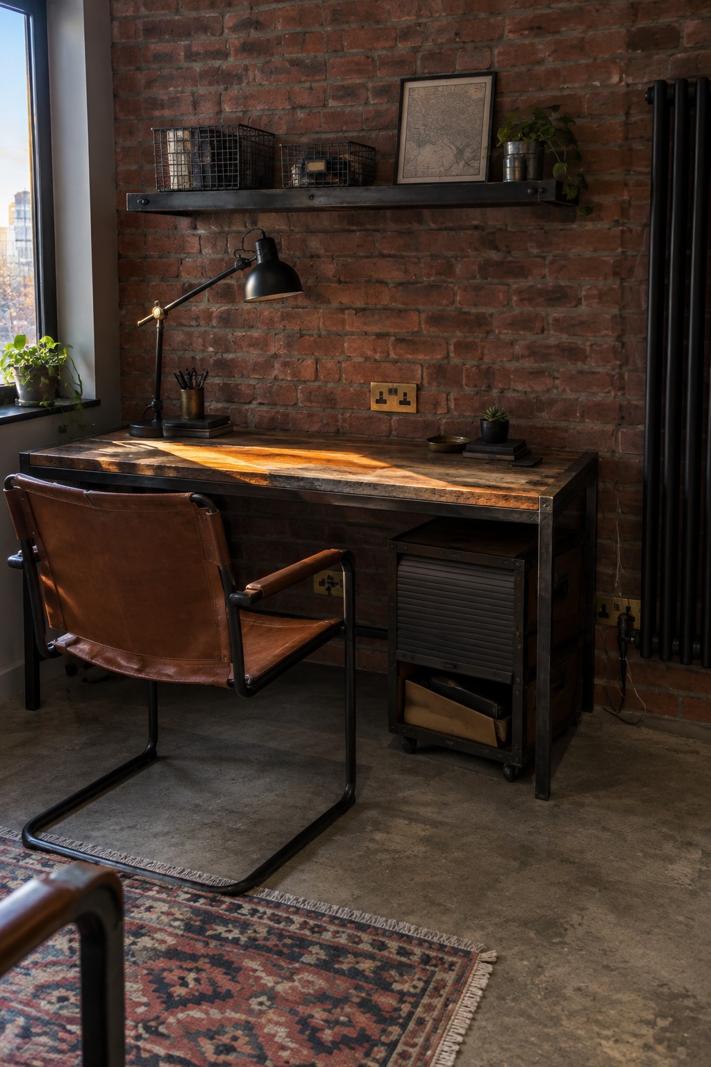 A compact desk with a wood top and black metal frame stands against a red brick wall, with a brown leather chair pulled up to it and a black rolling storage cabinet positioned underneath the right side.