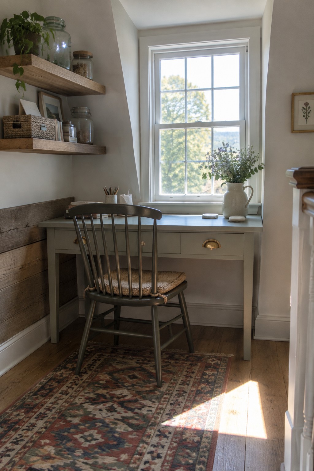 Light gray desk with spindle chair on patterned rug beneath sunlit window