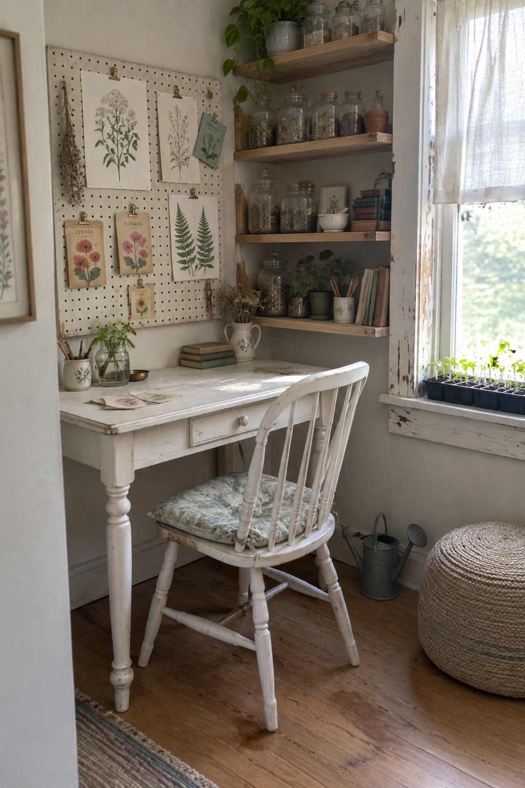 White distressed desk and chair with pegboard botanicals and jar-filled wooden shelves
