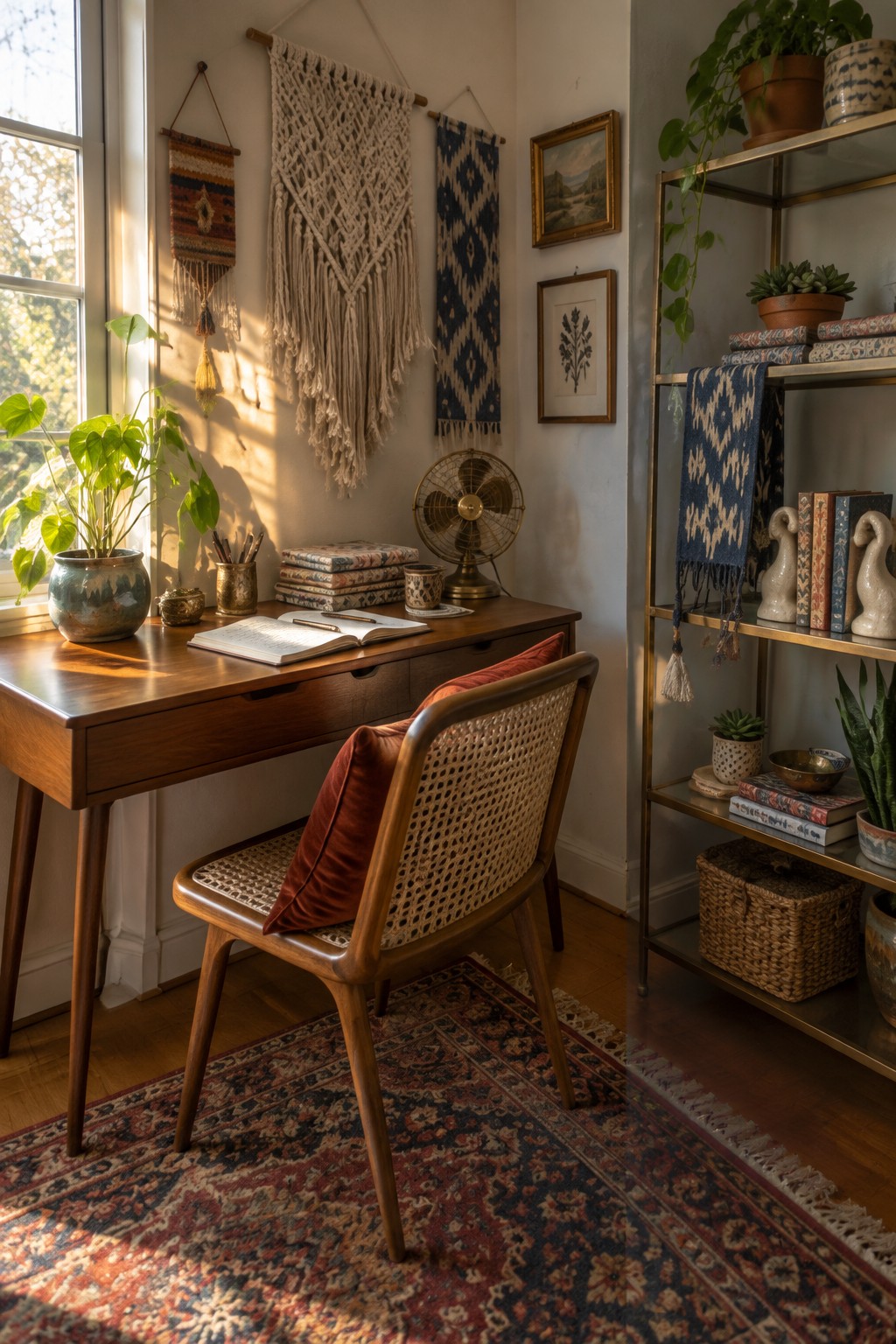 Sunlit wooden desk with cane-back chair, open book, macrame hangings, and potted plants.