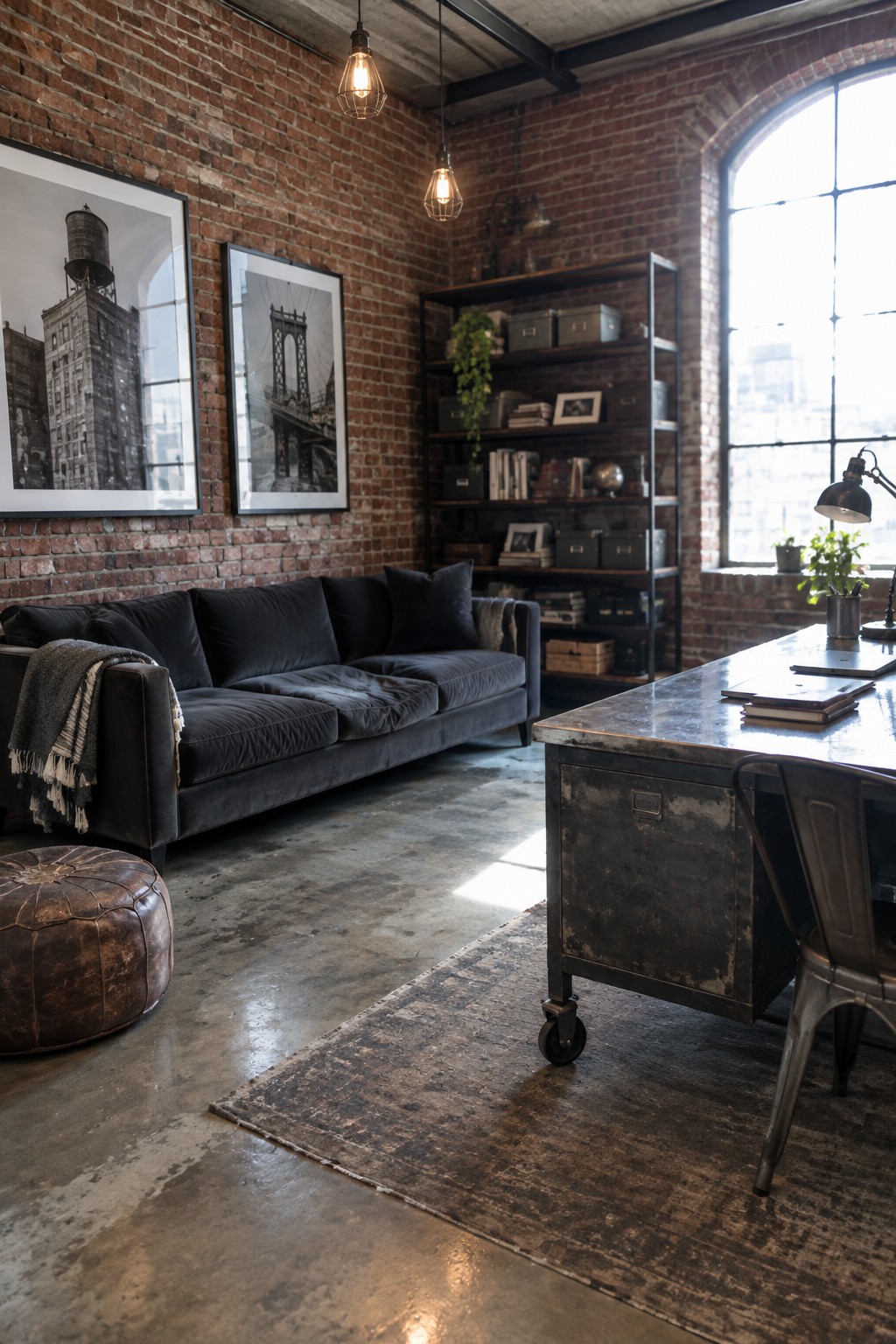 An industrial home office with a dark velvet sofa, metal rolling desk, exposed brick walls, and large arched windows.