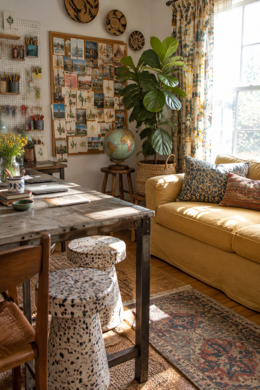 A bright home office interior showing a metal work table with speckled stools, a yellow couch with patterned pillows, a large potted fiddle leaf fig, a globe on a wooden stool, and a wall covered in pinned photos and postcards.