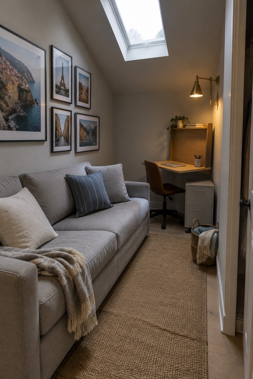 A narrow room with a gray sofa on the left, a desk with a brown chair on the right, framed pictures on the wall, and a skylight above.