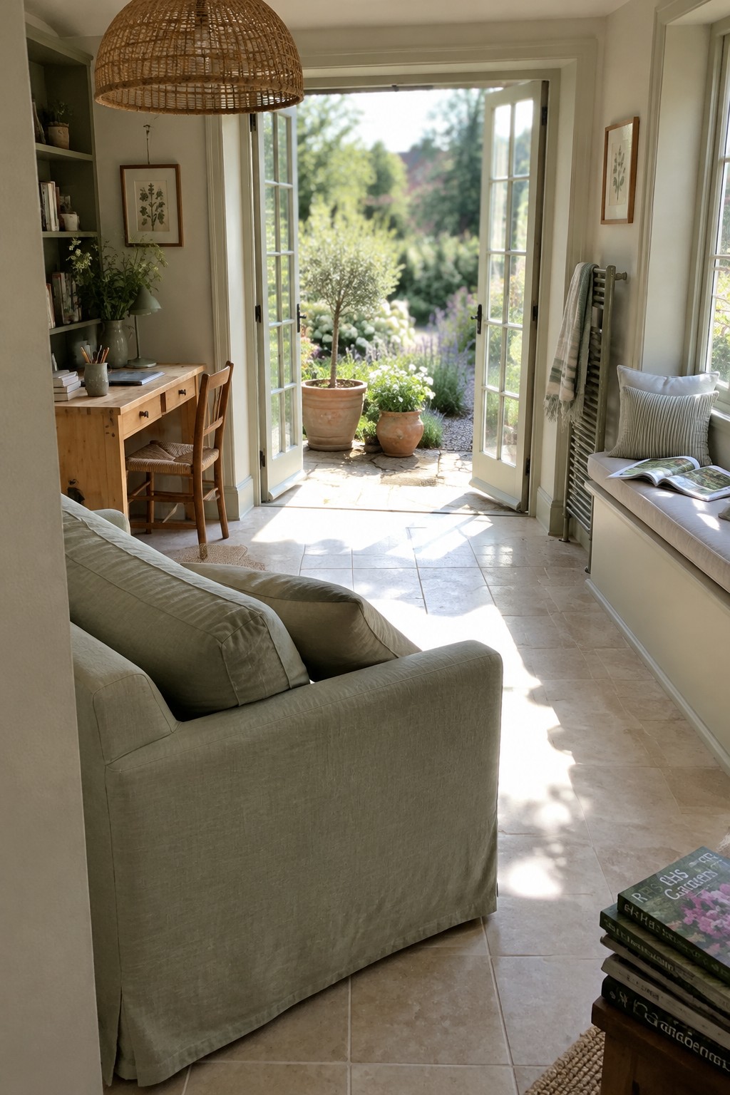 A light-filled interior room with a sage green couch in the foreground, a wooden desk and chair against the left wall, open French doors leading to a garden patio with potted plants, and a window seat with cushions on the right.