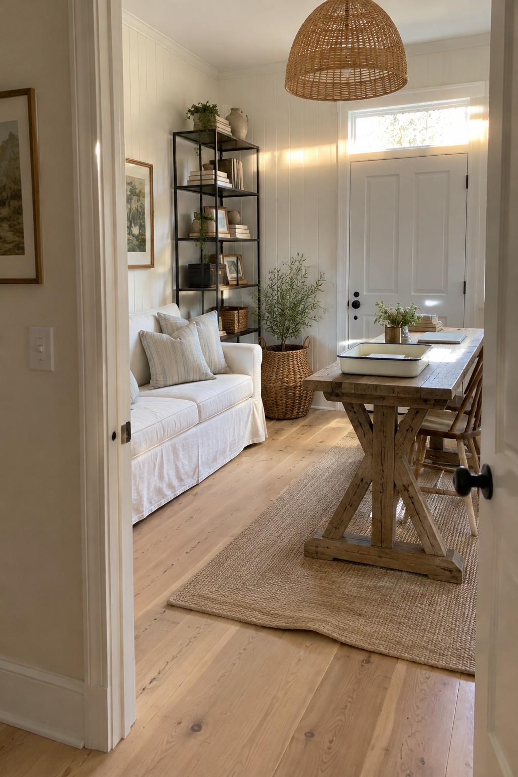 A light-filled interior room showing a white slipcovered sofa on the left, a rustic wooden table with chairs on a woven rug, black metal shelving against the wall, and a white door with transom window in the background.