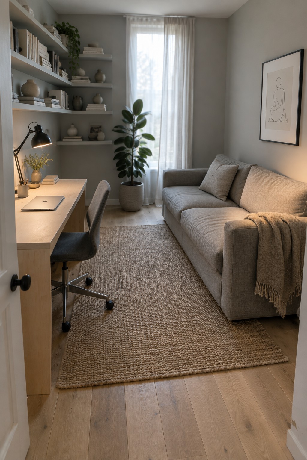 A home office with a light wood desk and gray chair on the left, a beige sofa on the right, floating shelves with books and decor, a large potted plant, and a woven rug on light wood flooring.
