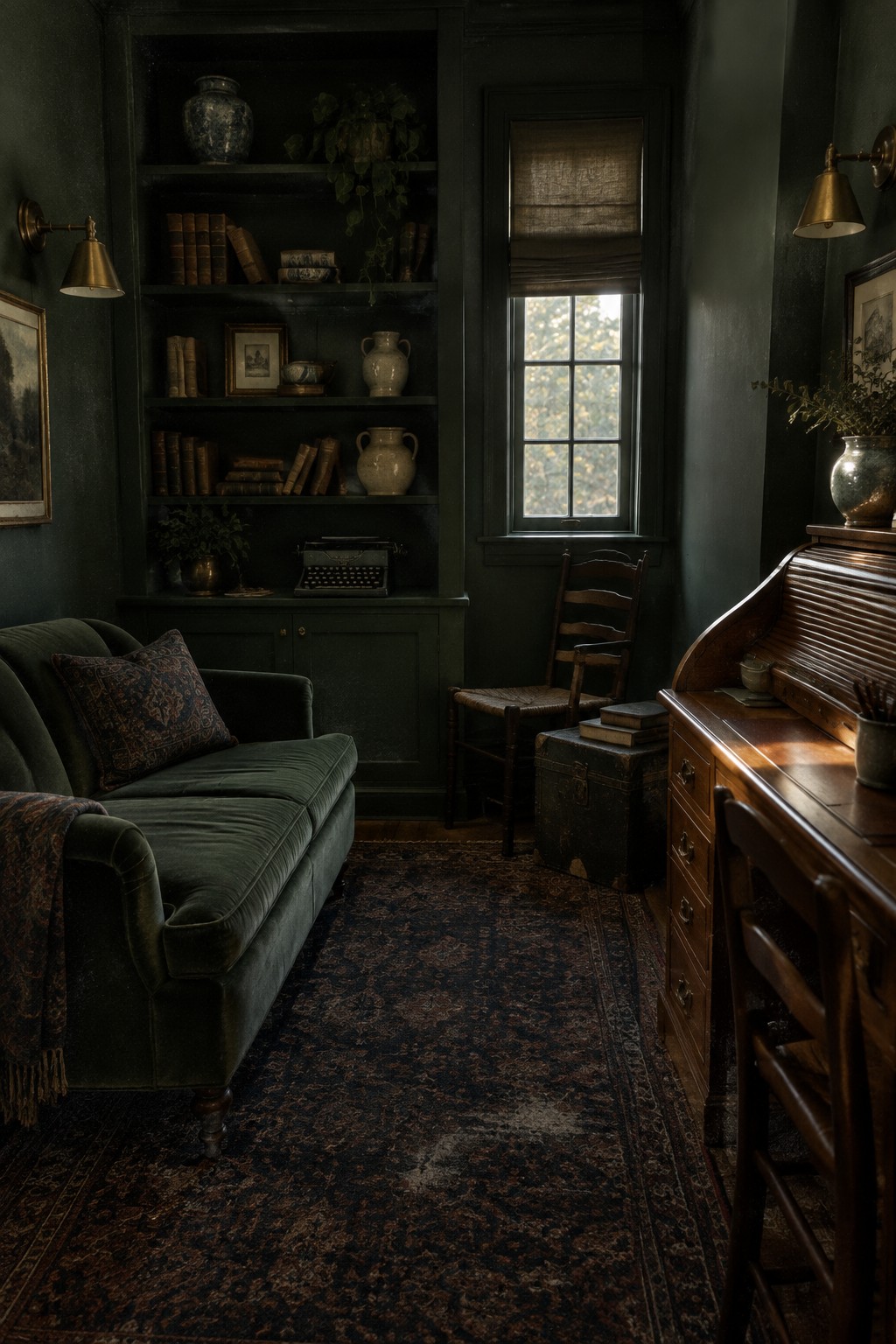 A dark green home office featuring a velvet couch, built-in bookshelves filled with books and vases, a wooden roll-top desk, and a window with a wooden chair.