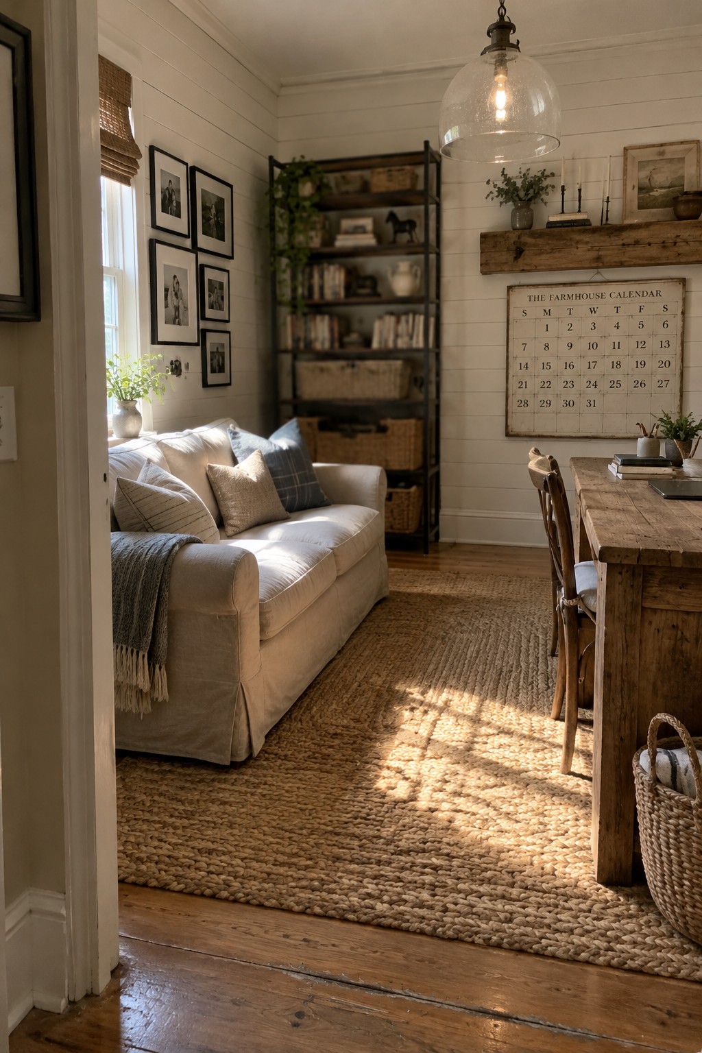 A bright room with a white slipcovered sofa on a large jute rug, a rustic wooden desk with chairs on the right, and black metal shelves filled with books and baskets along the back wall.