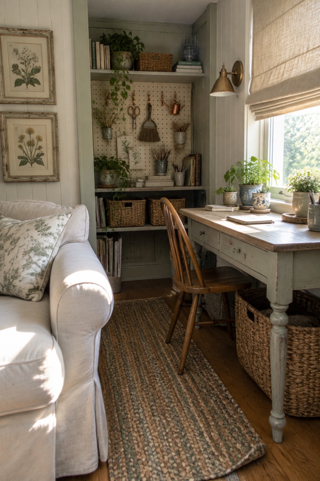 A home office interior with a light-colored couch, wooden desk and chair on a woven rug, built-in shelves, pegboard storage, potted plants, and a window with a shade.