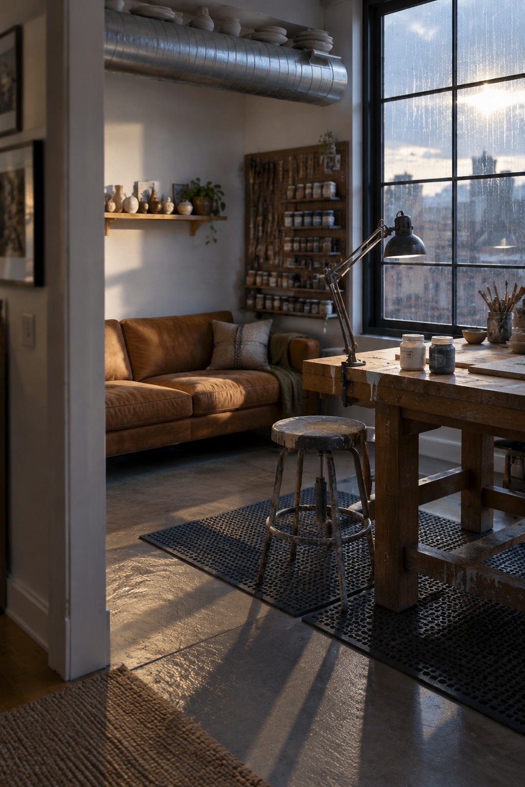 Sunlit artist's studio with leather sofa, wooden workbench, stool, paint jars, and city window