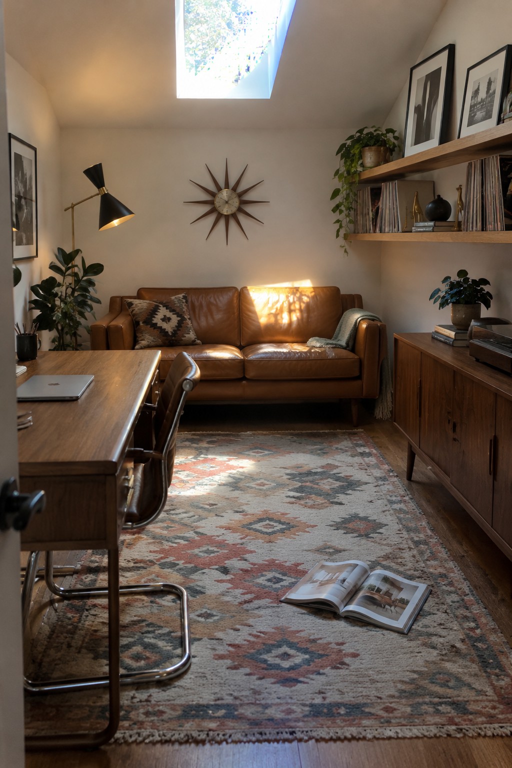 Sunlit mid-century room with leather sofa, wooden desk, sunburst clock, and patterned rug