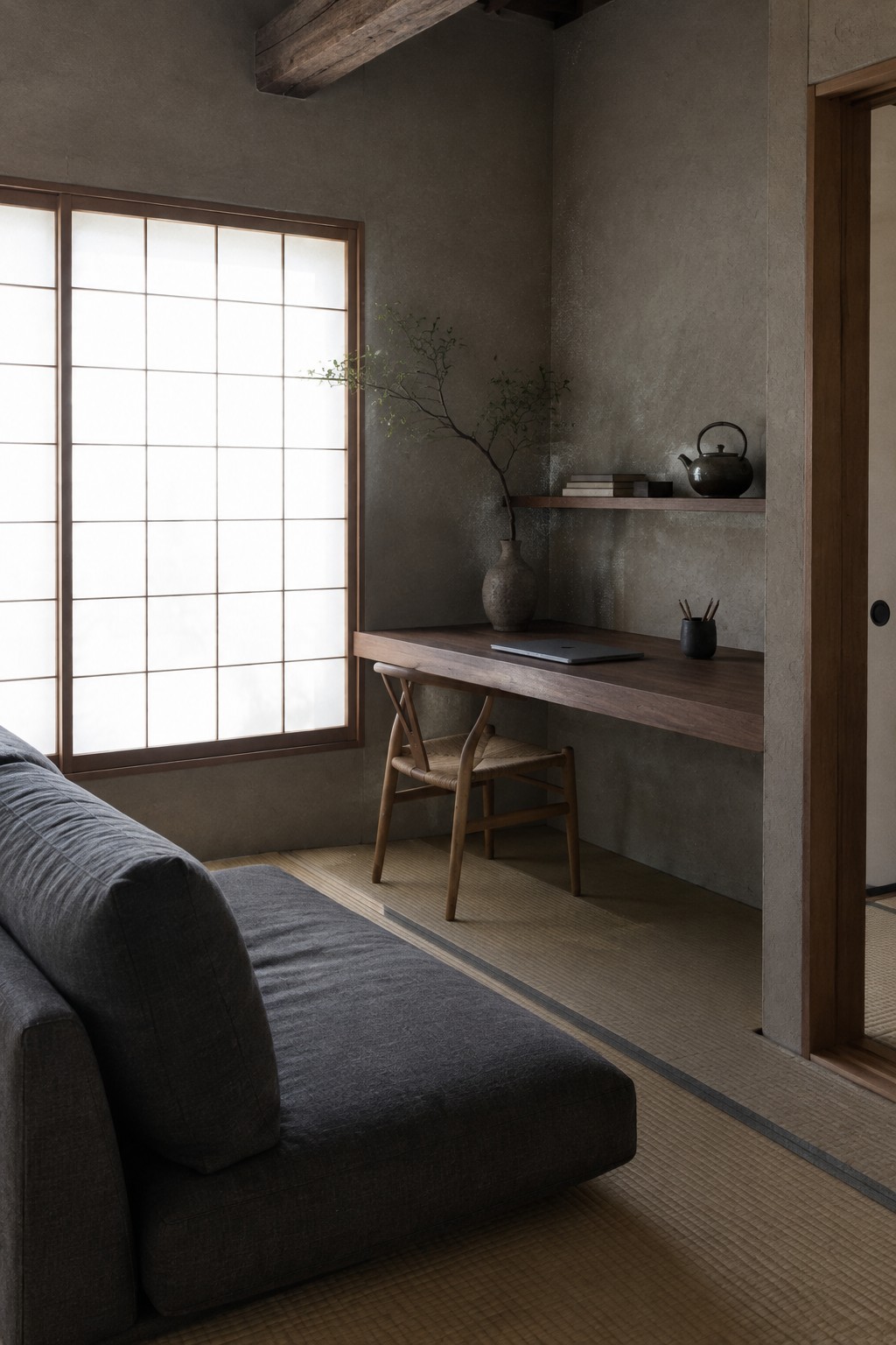 A minimalist home office interior with a dark gray couch in the foreground, a wooden desk against a textured wall, a woven chair, and a large shoji screen window on the left.