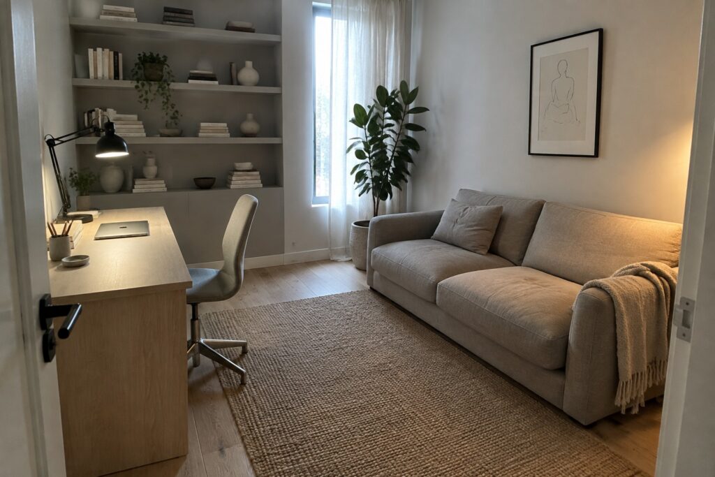 A home office with a light wood desk and gray chair on the left, a beige sofa on the right, floating shelves with books and decor, a large potted plant, and a woven rug on light wood flooring.
