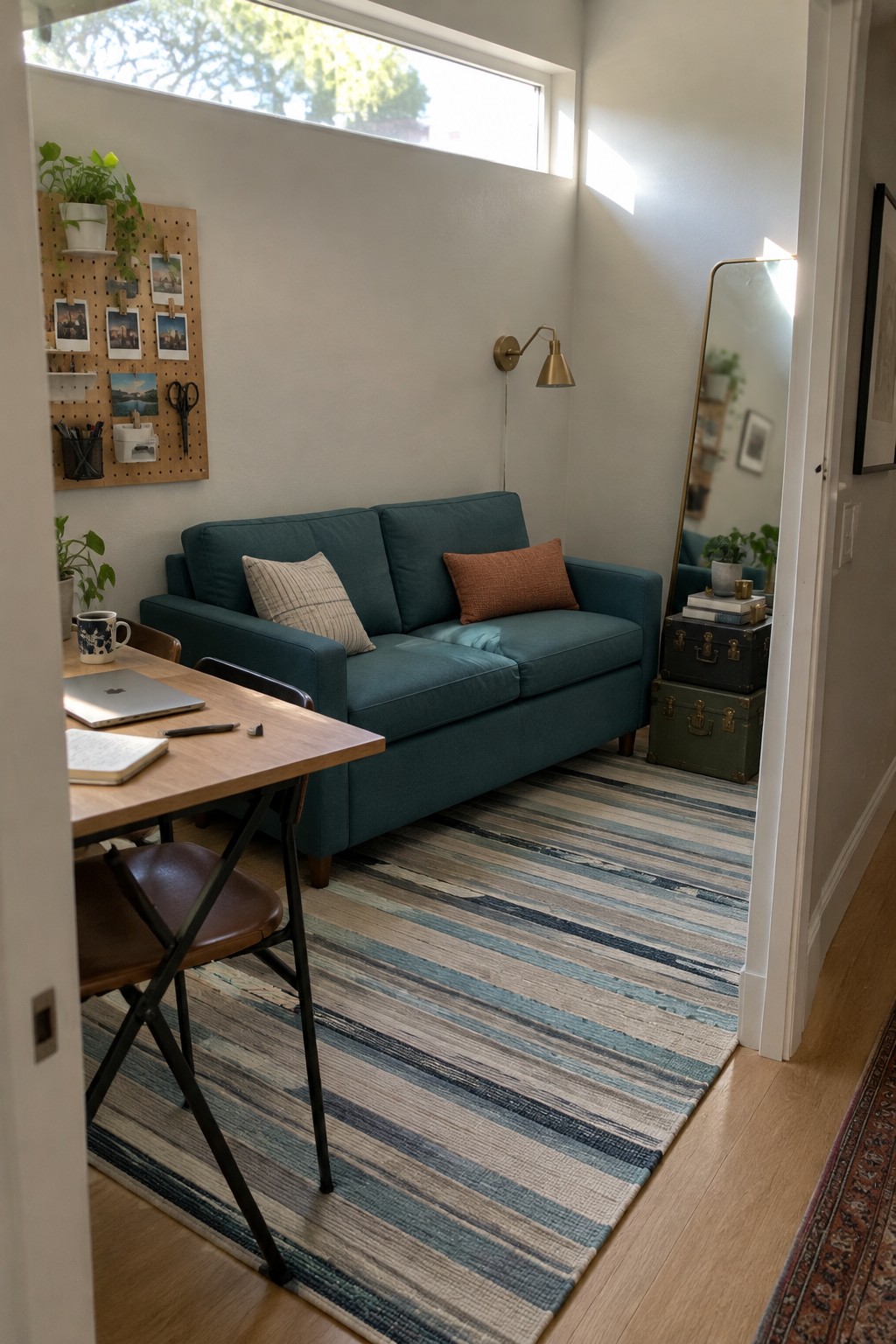 A small interior room with a teal couch against the wall, a wooden desk and chair in front, a striped rug on the floor, and a pegboard above the desk.