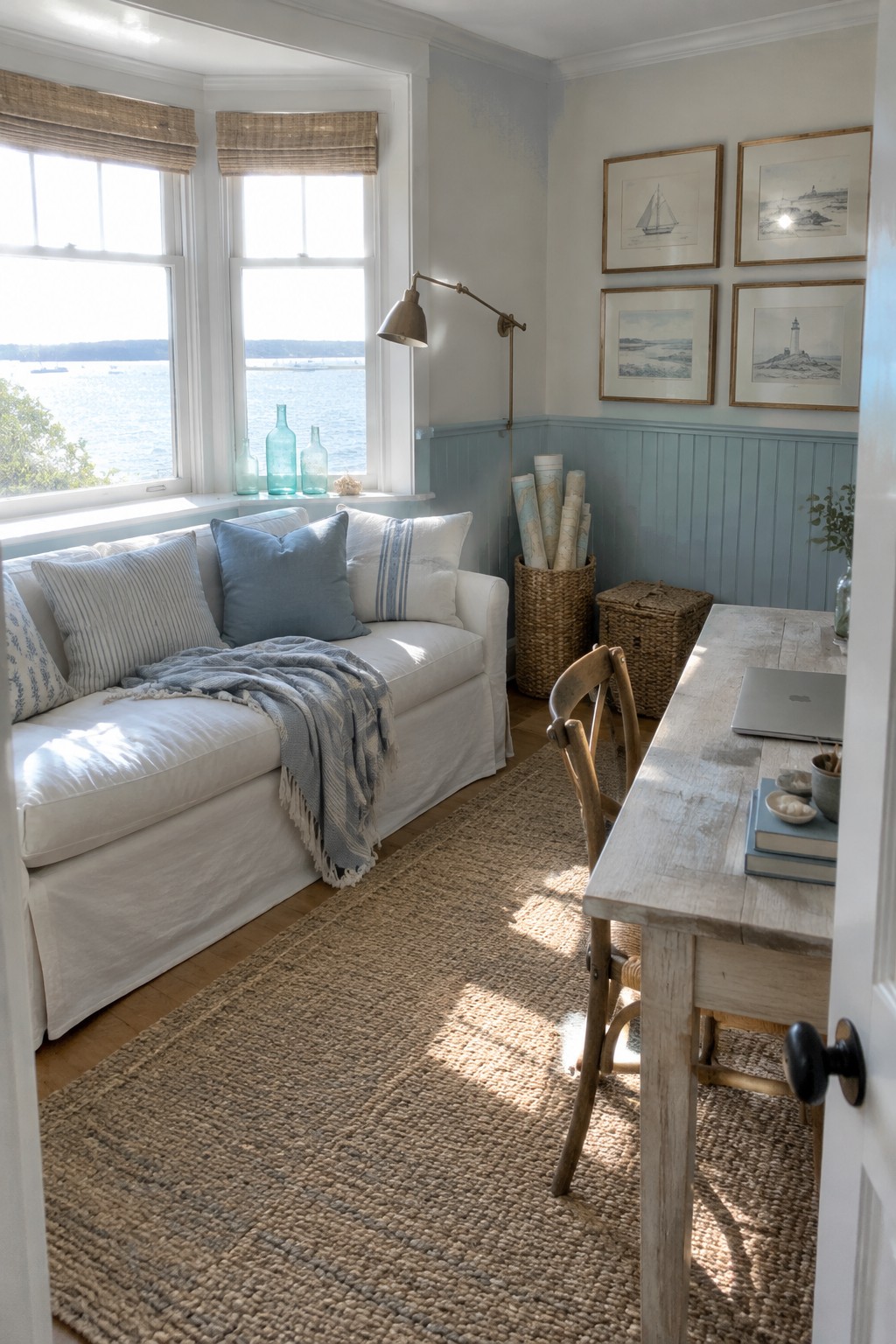 A bright home office interior with a white slipcovered couch under two windows overlooking water, a rustic wooden desk with a laptop and chair, and framed prints on a light blue wall.