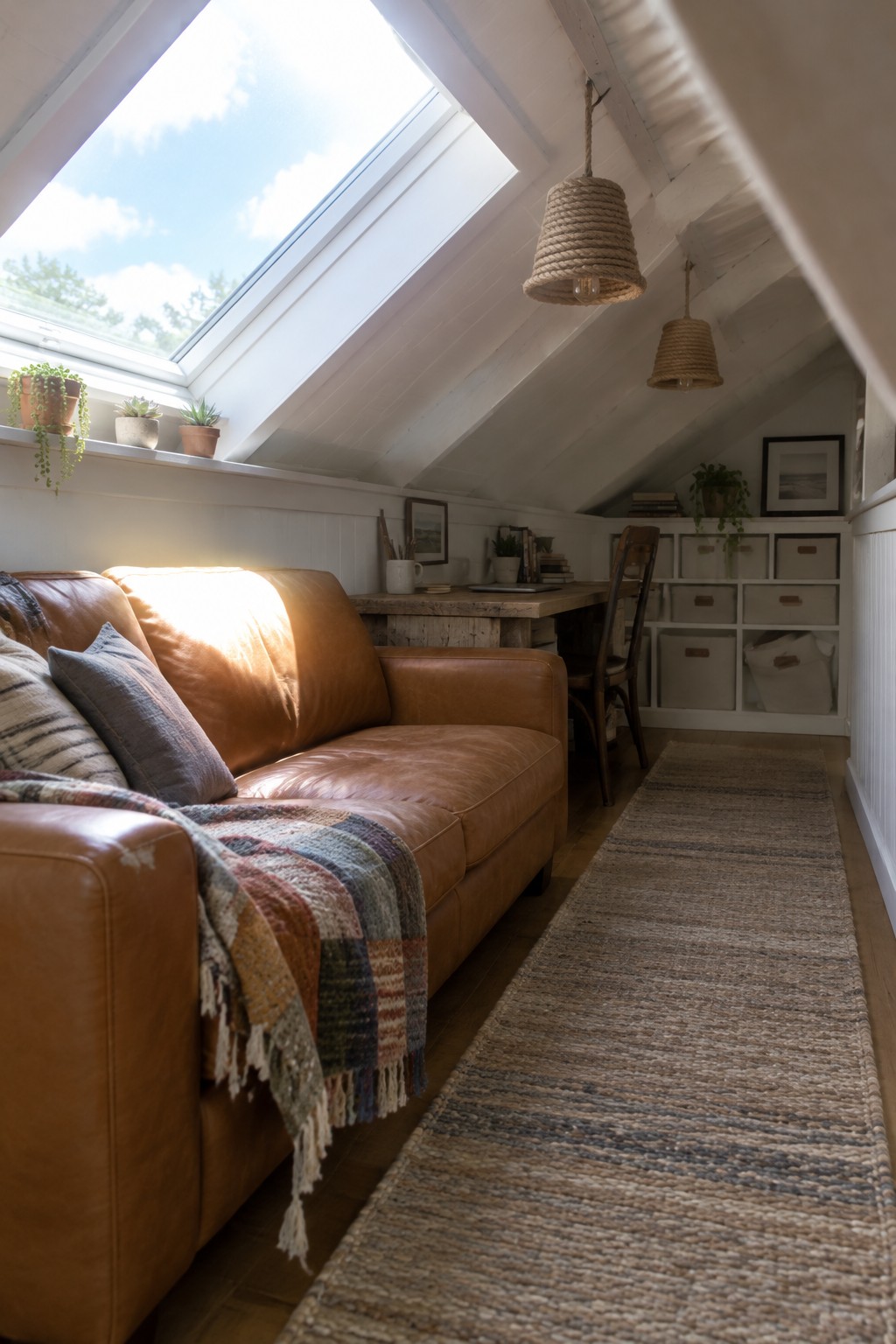 Cozy attic with brown leather sofa, colorful throw, woven rug, and skylight sunlight.