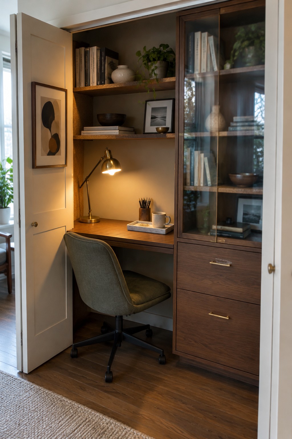 Cozy built-in walnut desk with green chair, lit brass lamp, and bookshelves