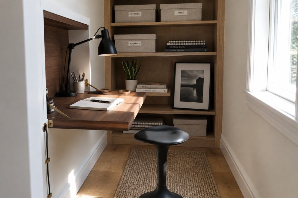 A narrow indoor workspace with a wooden compact desk, black desk lamp, potted plant, open notebook, gray stool on a woven rug, and built-in wooden shelves holding books and storage boxes.
