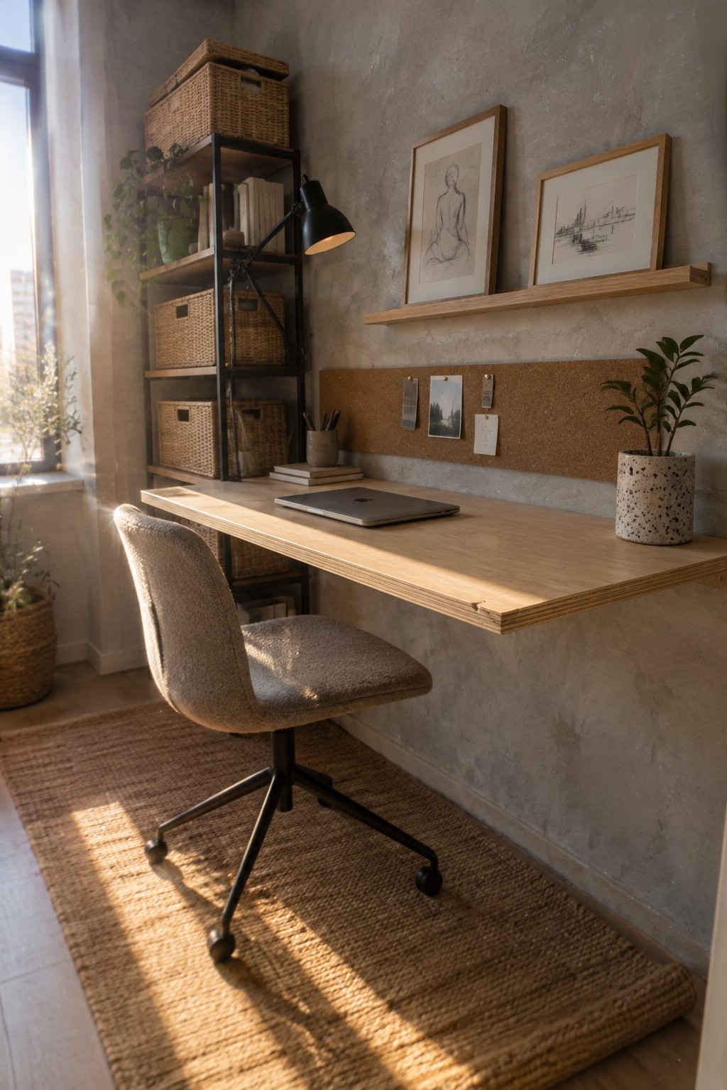 A minimalist home office featuring a light wood floating desk against a concrete wall, a gray upholstered office chair on a woven rug, a tall black shelving unit with woven baskets, and a corkboard with small photos mounted below two framed drawings.