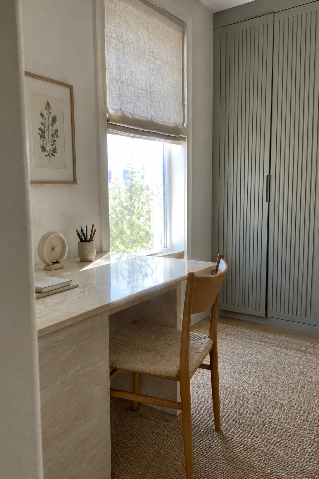 A minimalist interior shows a stone desk under a window with a wooden chair, a tall gray ribbed cabinet to the right, and a framed botanical print on the left wall.