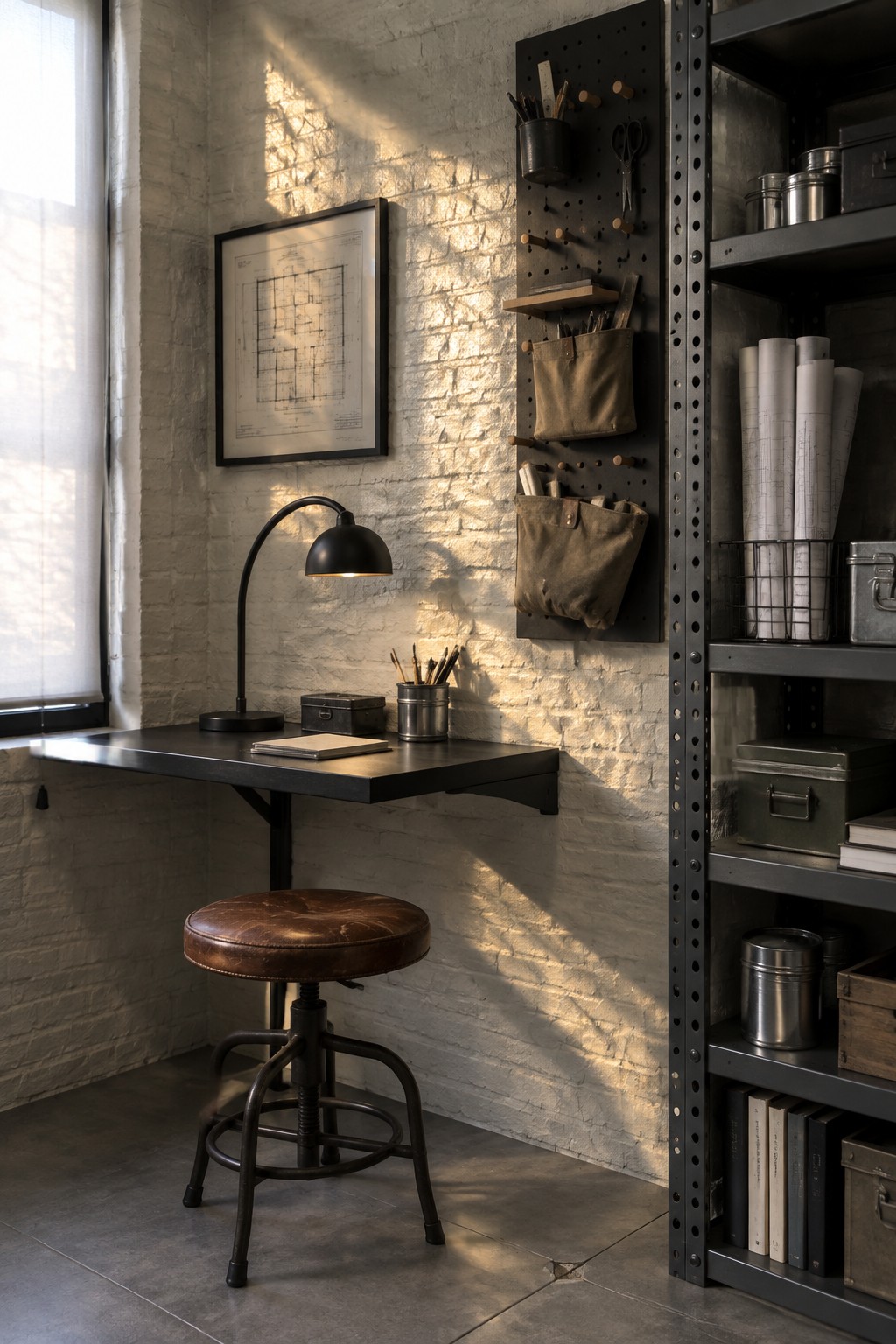 A compact black wall-mounted desk with a brown leather stool sits below a black pegboard holding canvas pockets and tools, next to dark metal shelving filled with rolled papers and boxes against a white brick wall.