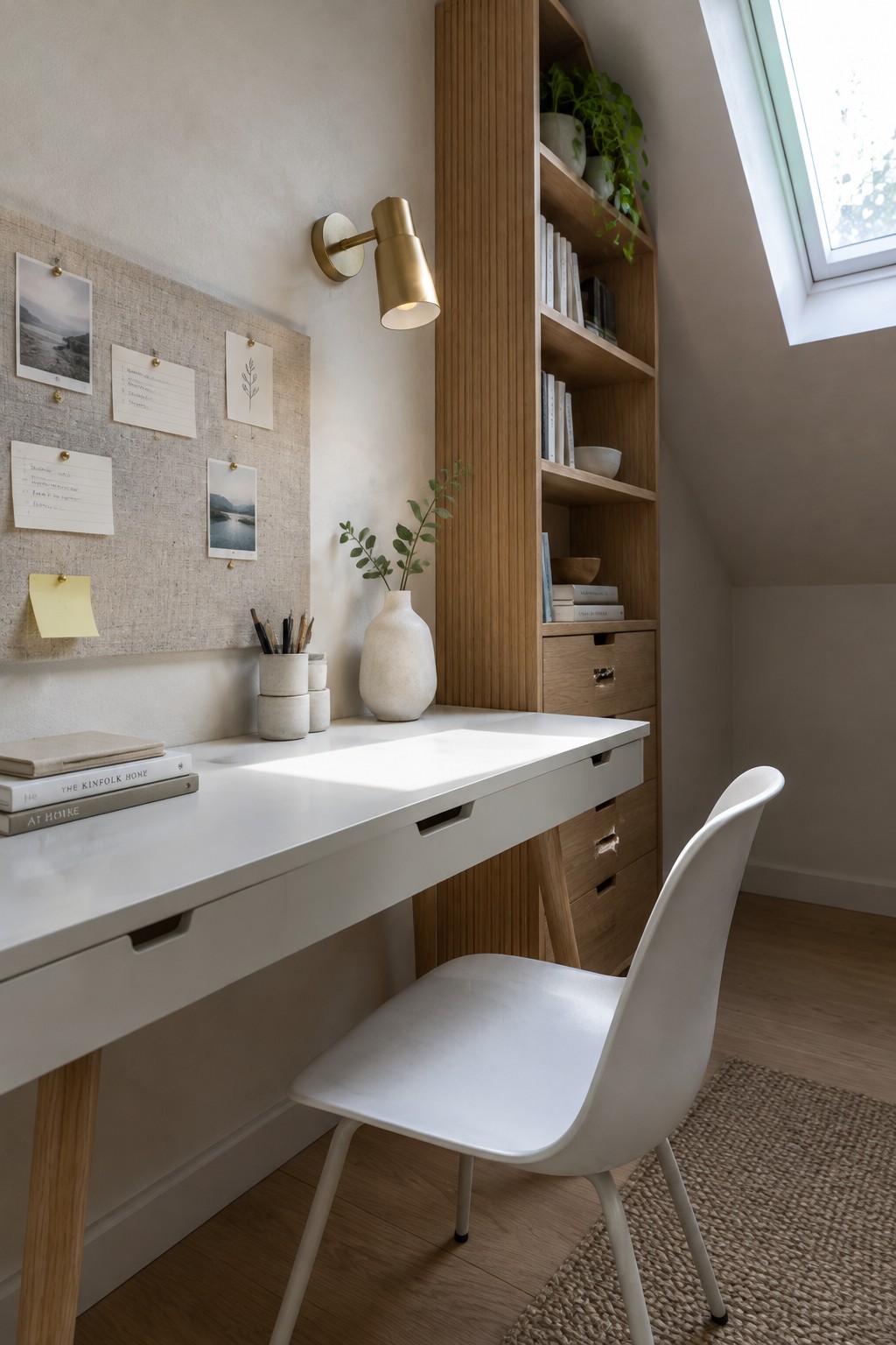 A white minimalist desk with a matching chair sits beside a tall wooden shelving unit with open shelves and drawers under a skylight.