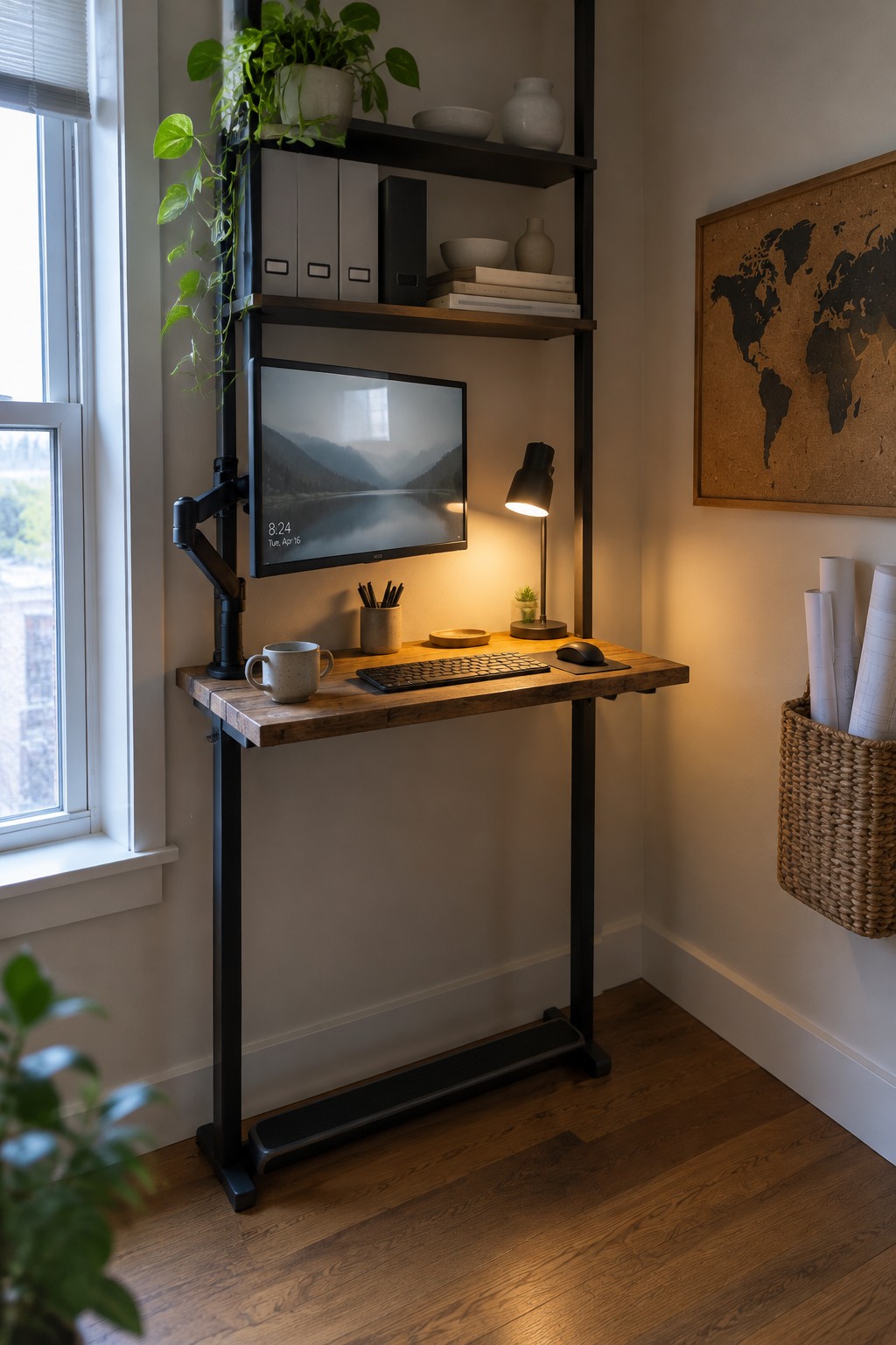 A compact wooden desk with black metal frame and legs sits below wall-mounted dark shelves holding binders and plants, with a monitor on an adjustable arm.