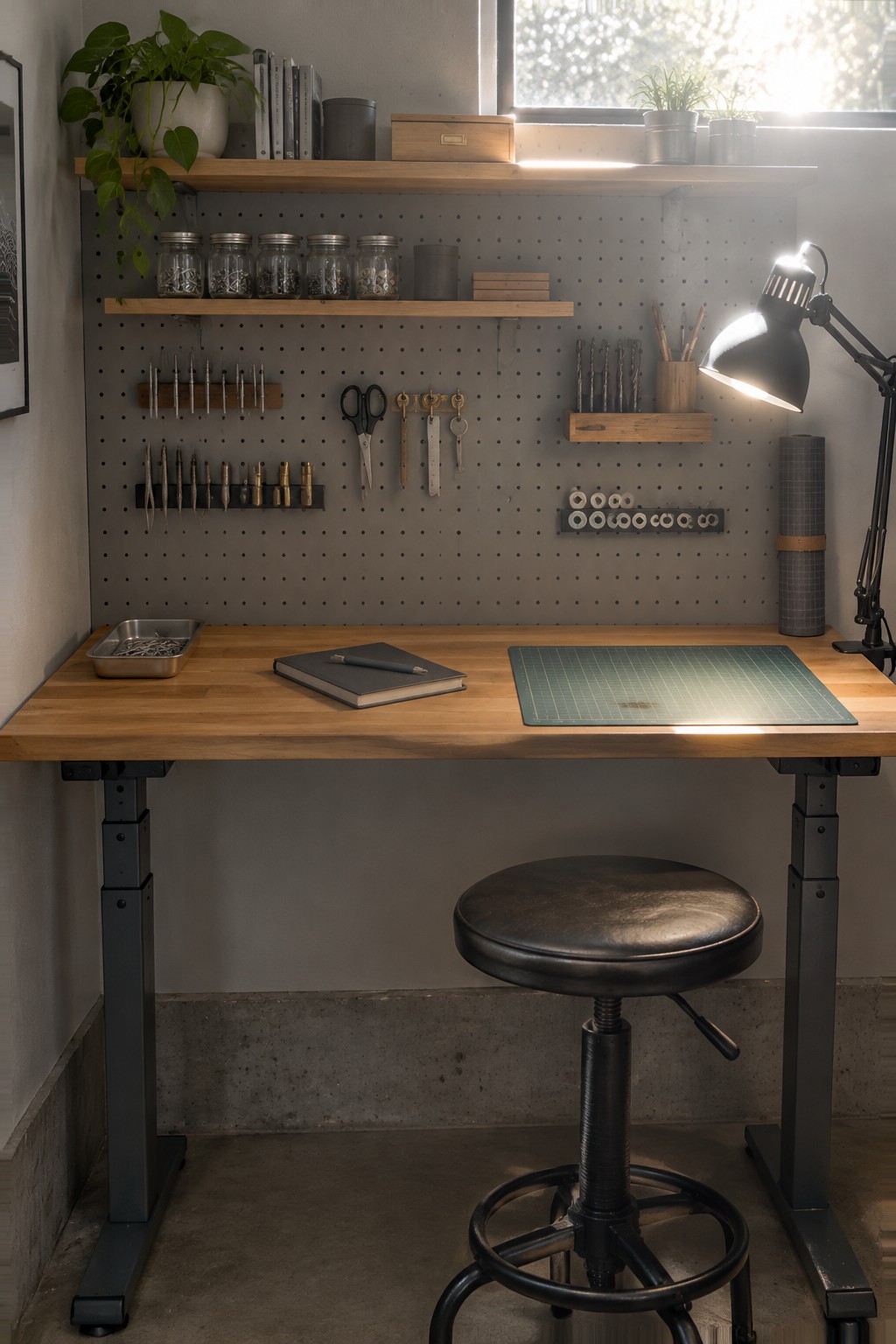Minimalist wooden desk with pegboard tools, green mat, notebook, black stool, and lamp