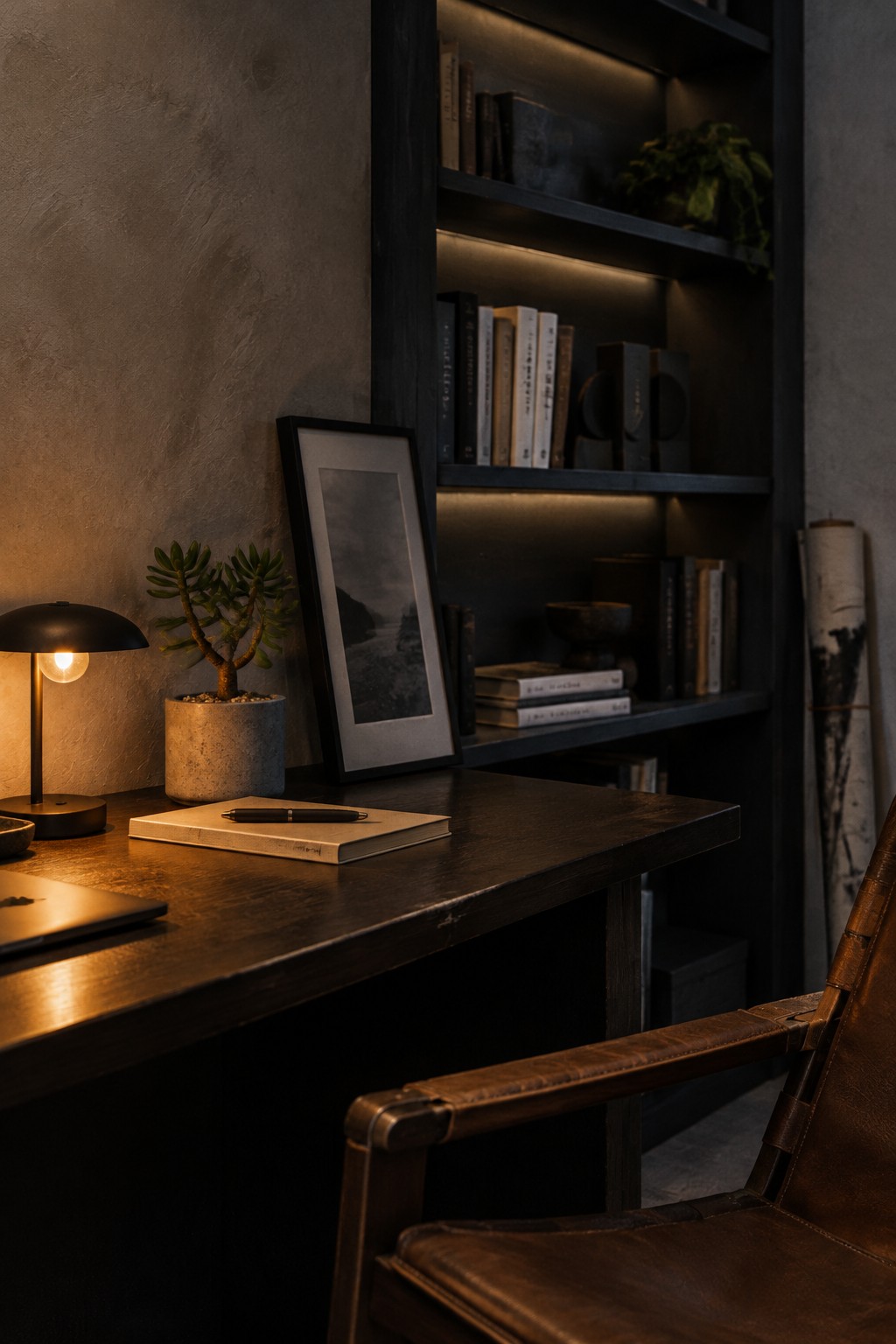 A minimalist home office with a dark wooden desk, brown leather chair, and a tall dark bookshelf with integrated lighting holding books and decorative items.