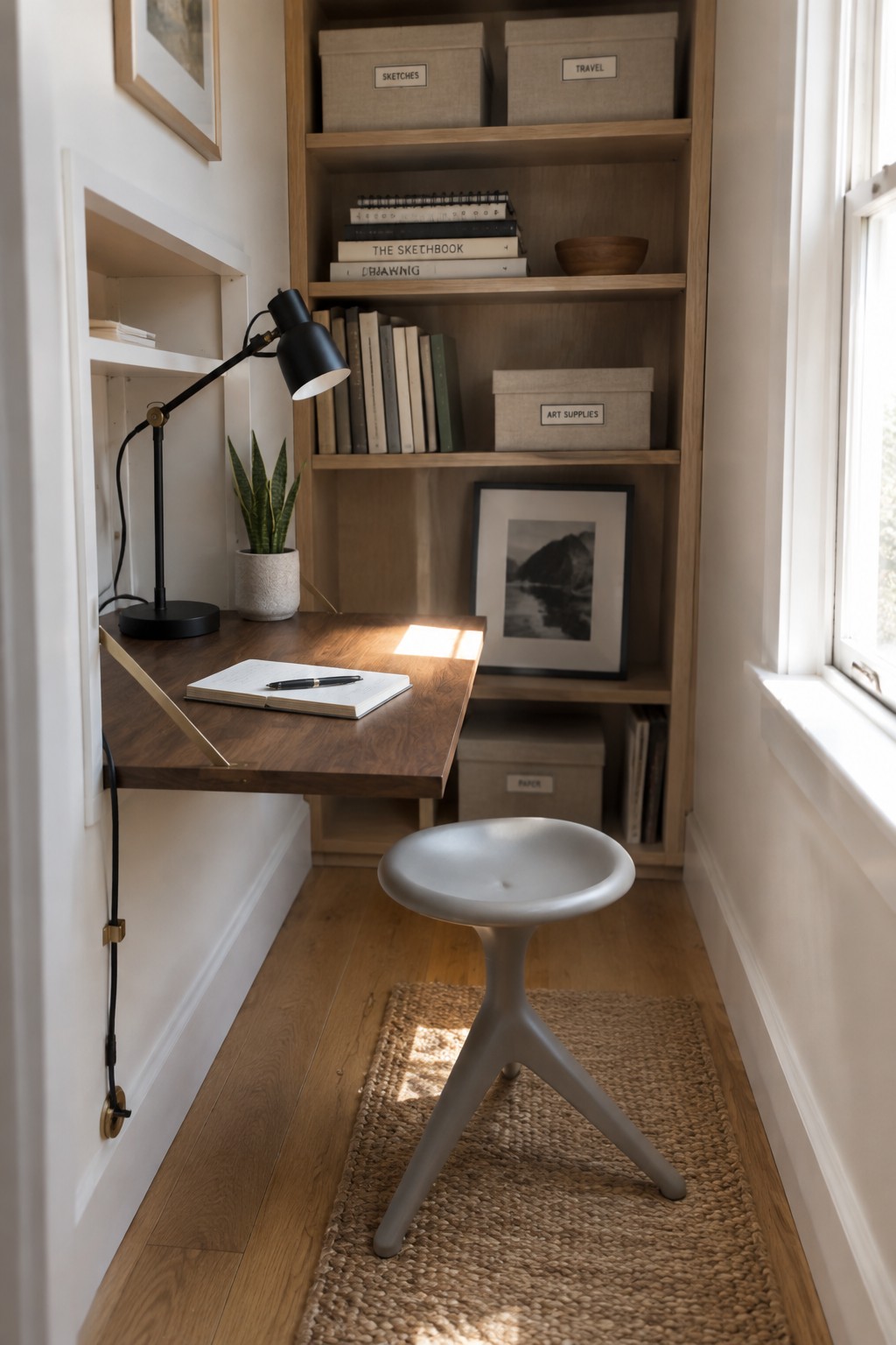 A narrow indoor workspace with a wooden compact desk, black desk lamp, potted plant, open notebook, gray stool on a woven rug, and built-in wooden shelves holding books and storage boxes.