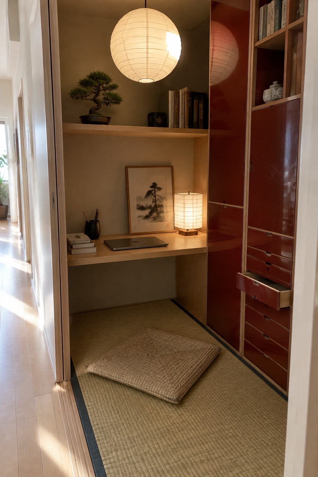 A compact home office nook with a low wooden desk holding a laptop and a tall red vertical storage cabinet with multiple drawers on a tatami mat floor.