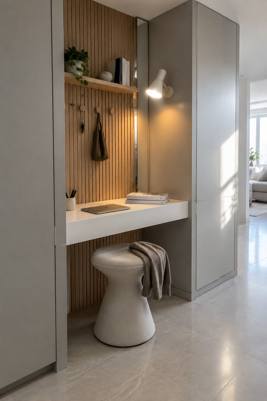 A compact white floating desk set against a wooden slat wall with hooks, a floating shelf above holding books and a plant, a round stool underneath, and a wall-mounted lamp.